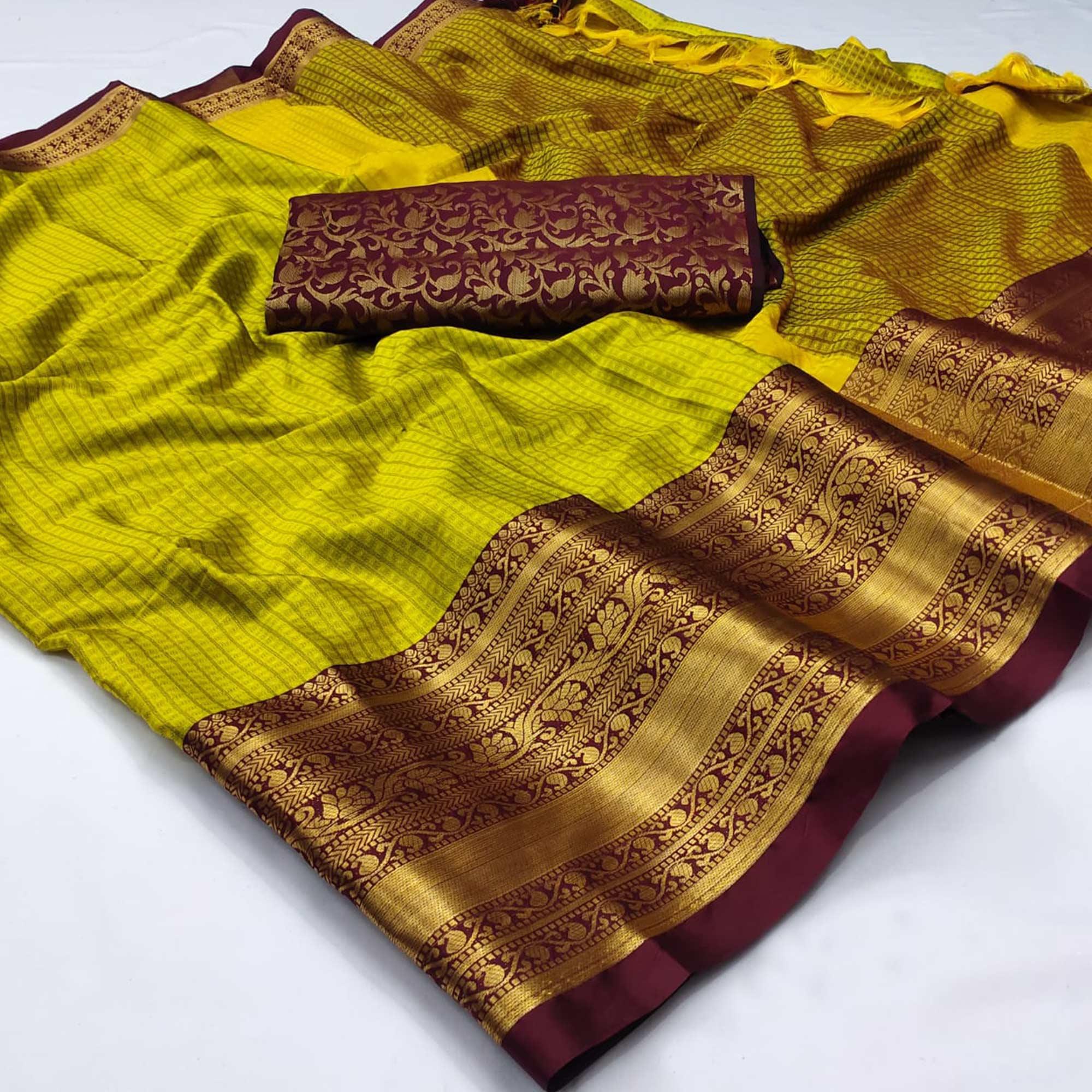 Lemon Green Woven Cotton Silk Saree With Tassels - Peachmode