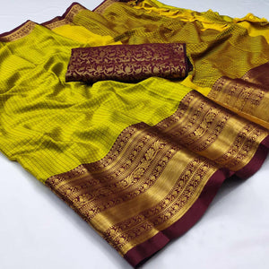 Lemon Green Woven Cotton Silk Saree With Tassels - Peachmode