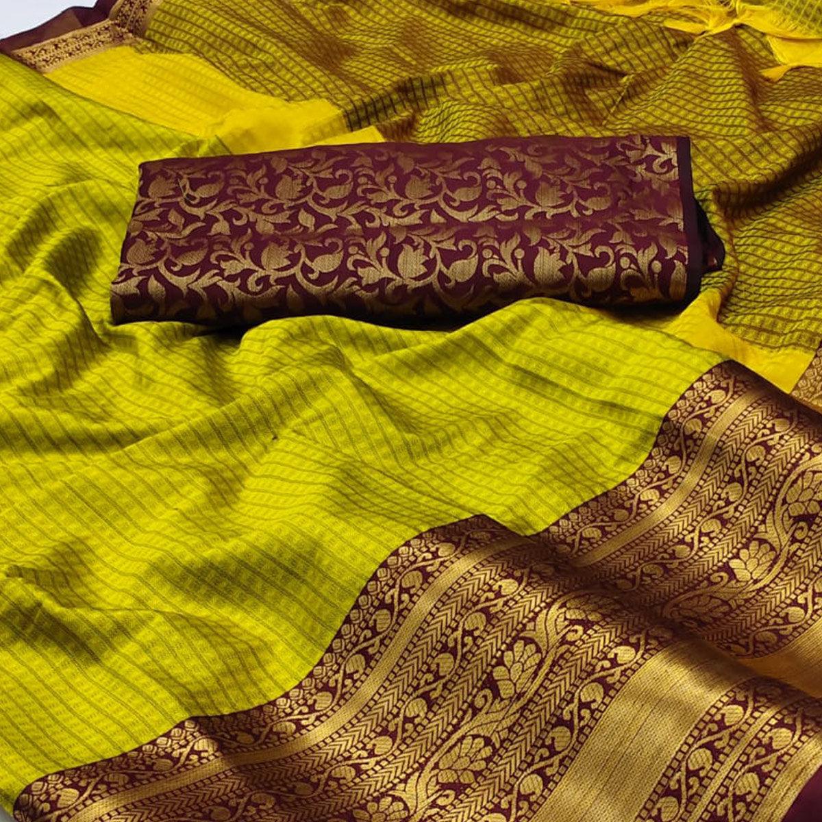 Lemon Green Woven Cotton Silk Saree With Tassels - Peachmode