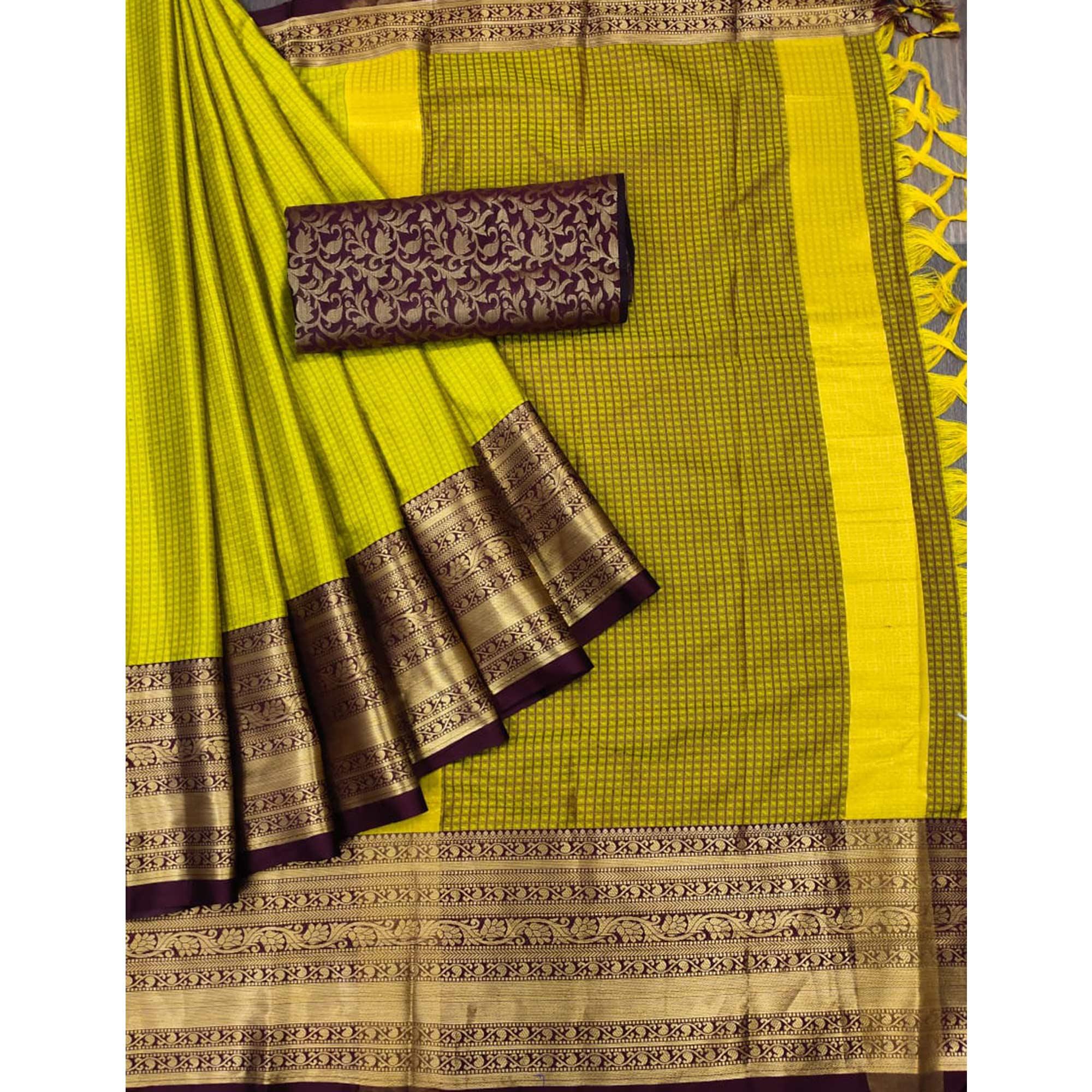 Lemon Green Woven Cotton Silk Saree With Tassels - Peachmode