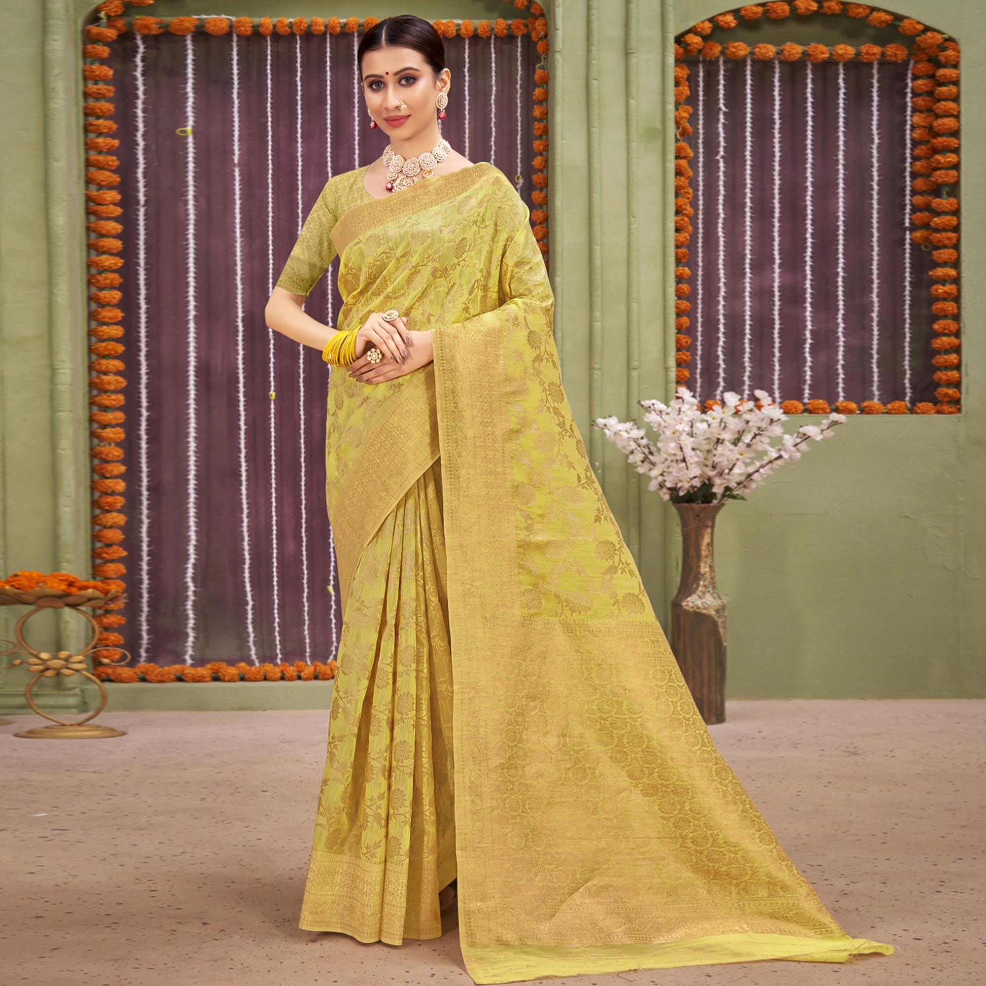 Lemon Green Woven Linen Saree - Peachmode