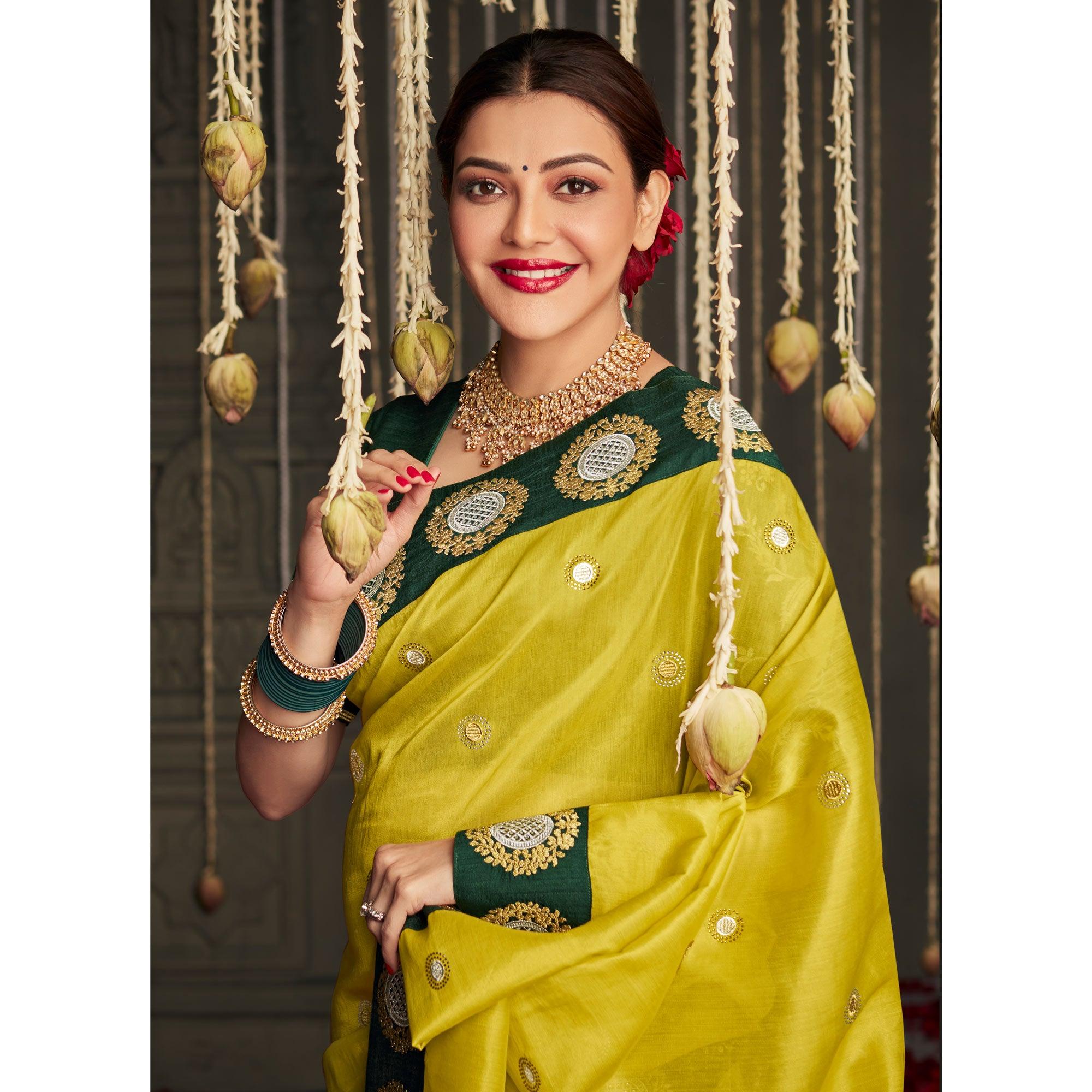 Lemon Green Woven With Embellished Art Silk Saree With Tassels - Peachmode