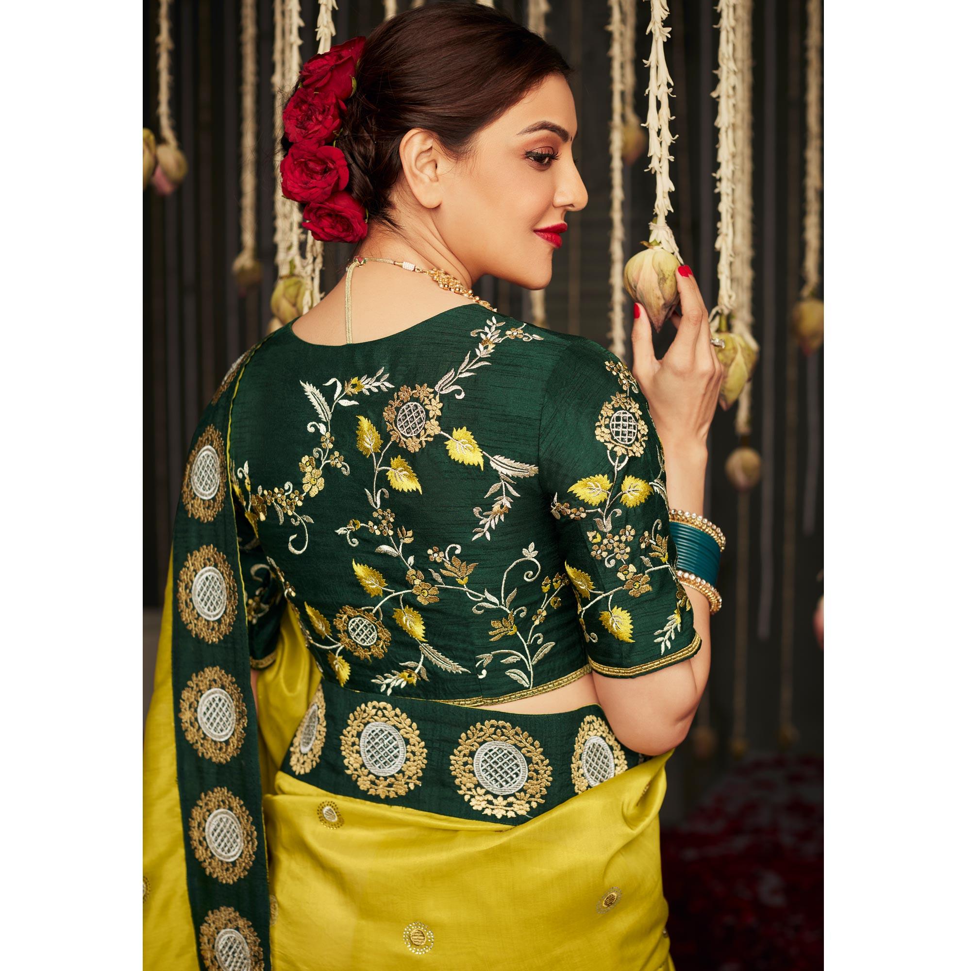 Lemon Green Woven With Embellished Art Silk Saree With Tassels - Peachmode