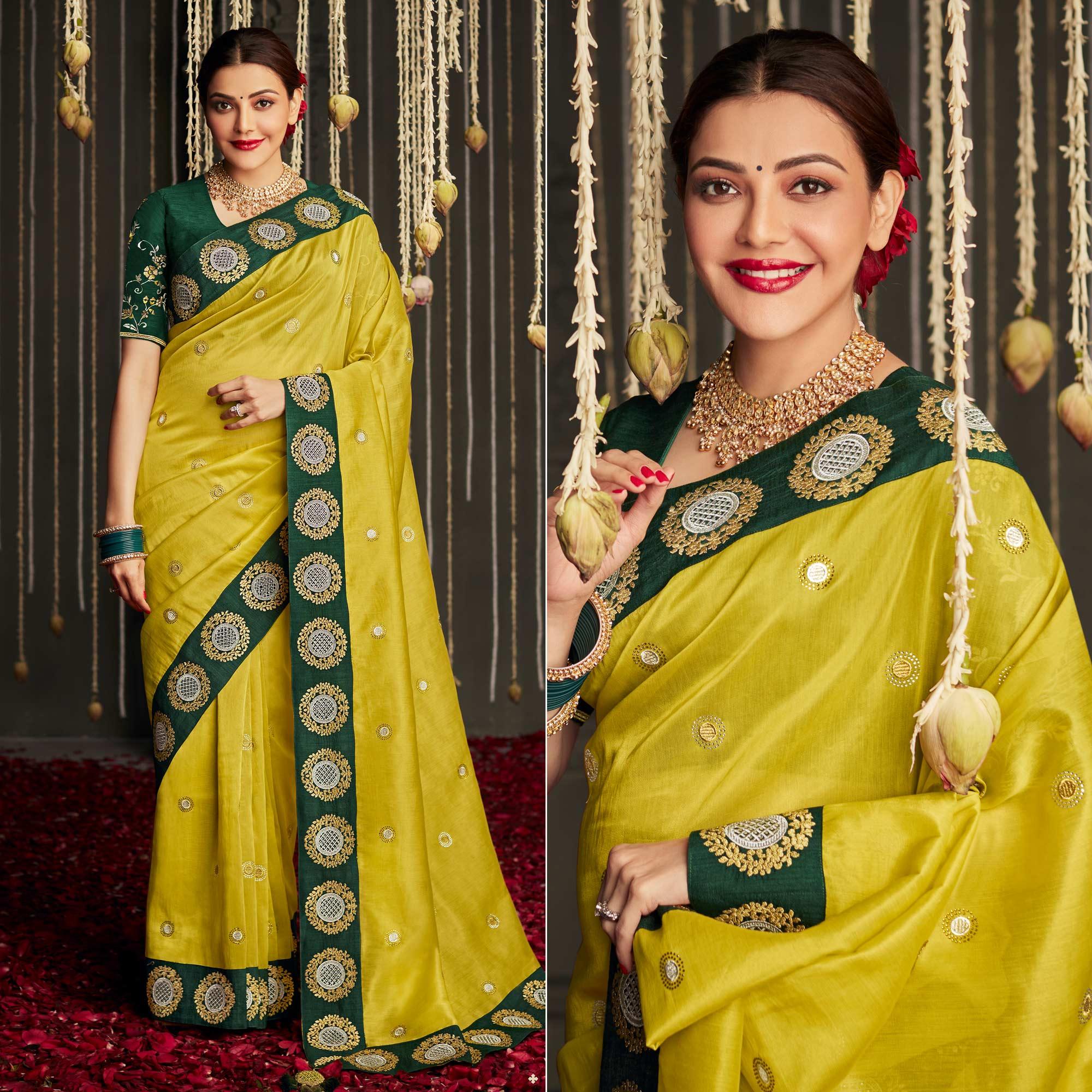 Lemon Green Woven With Embellished Art Silk Saree With Tassels - Peachmode