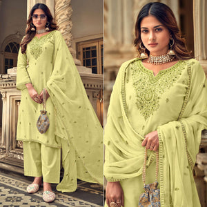 Lemon Party Wear Embroidered Muslin Suit - Peachmode