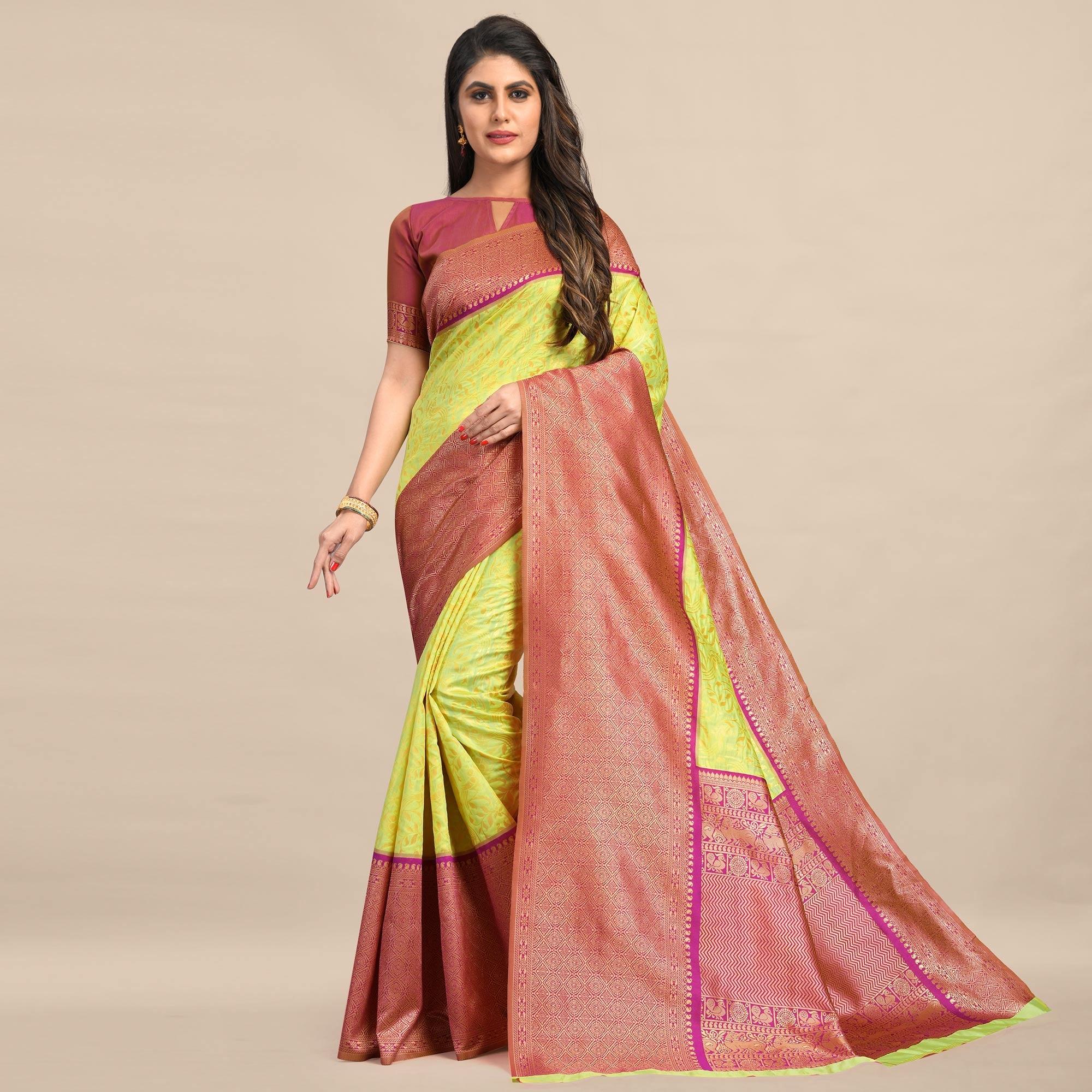 Lemon-Pink Festive Wear Rich Woven Border Soft Banarasi Silk Saree - Peachmode