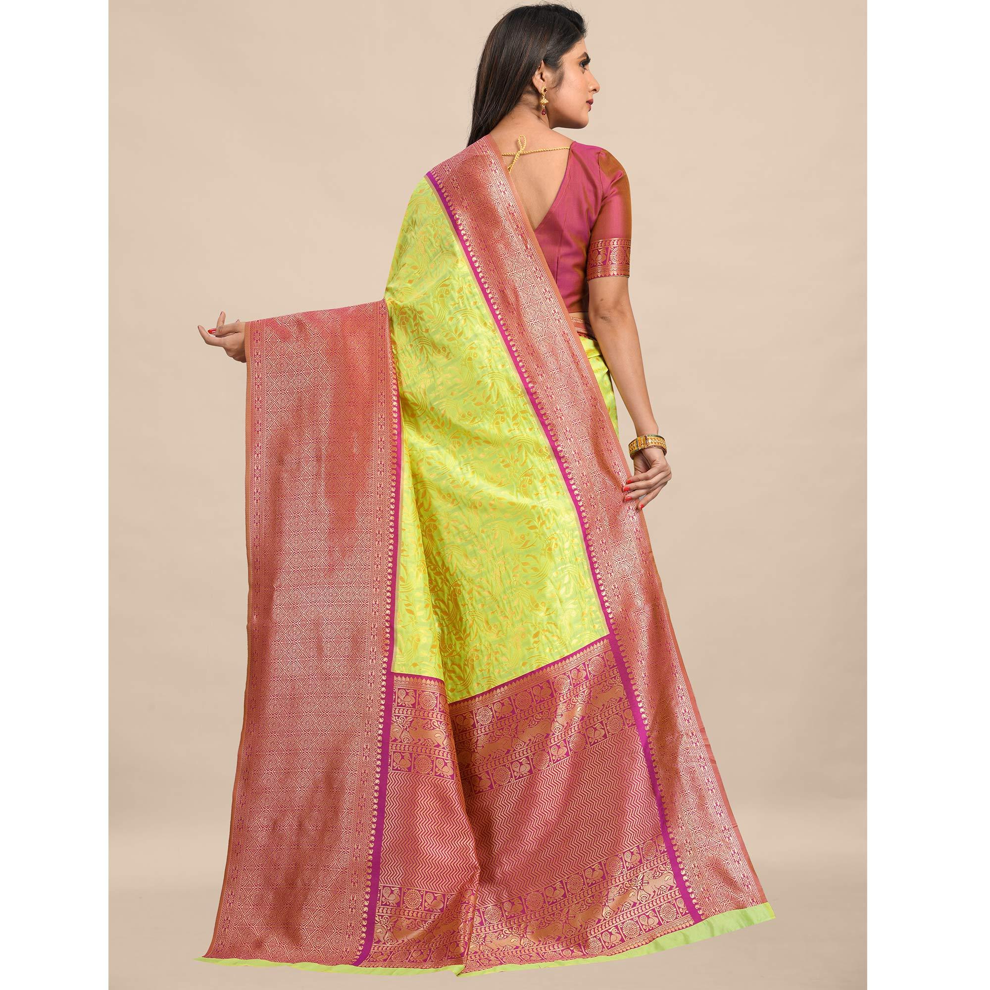 Lemon-Pink Festive Wear Rich Woven Border Soft Banarasi Silk Saree - Peachmode