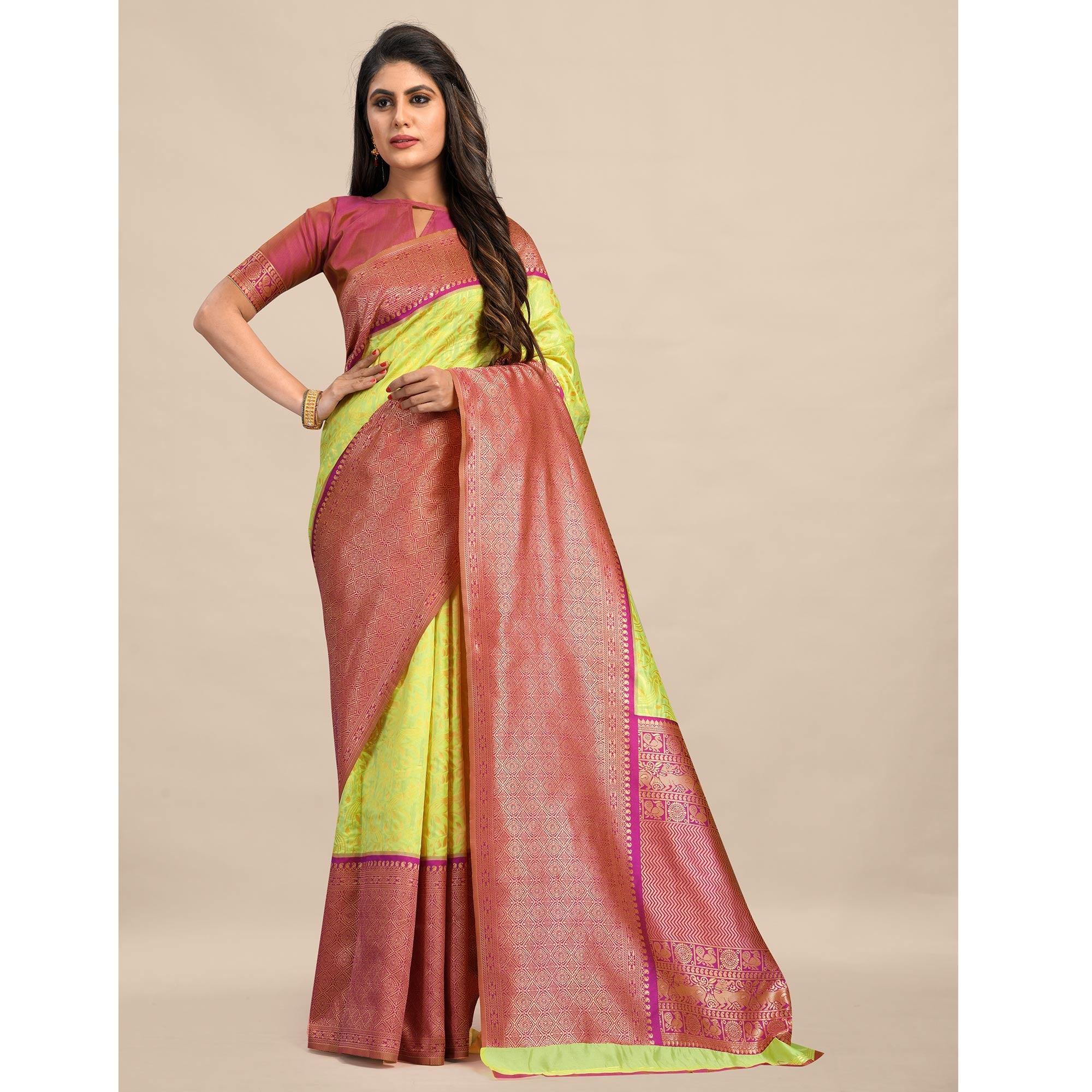 Lemon-Pink Festive Wear Rich Woven Border Soft Banarasi Silk Saree - Peachmode