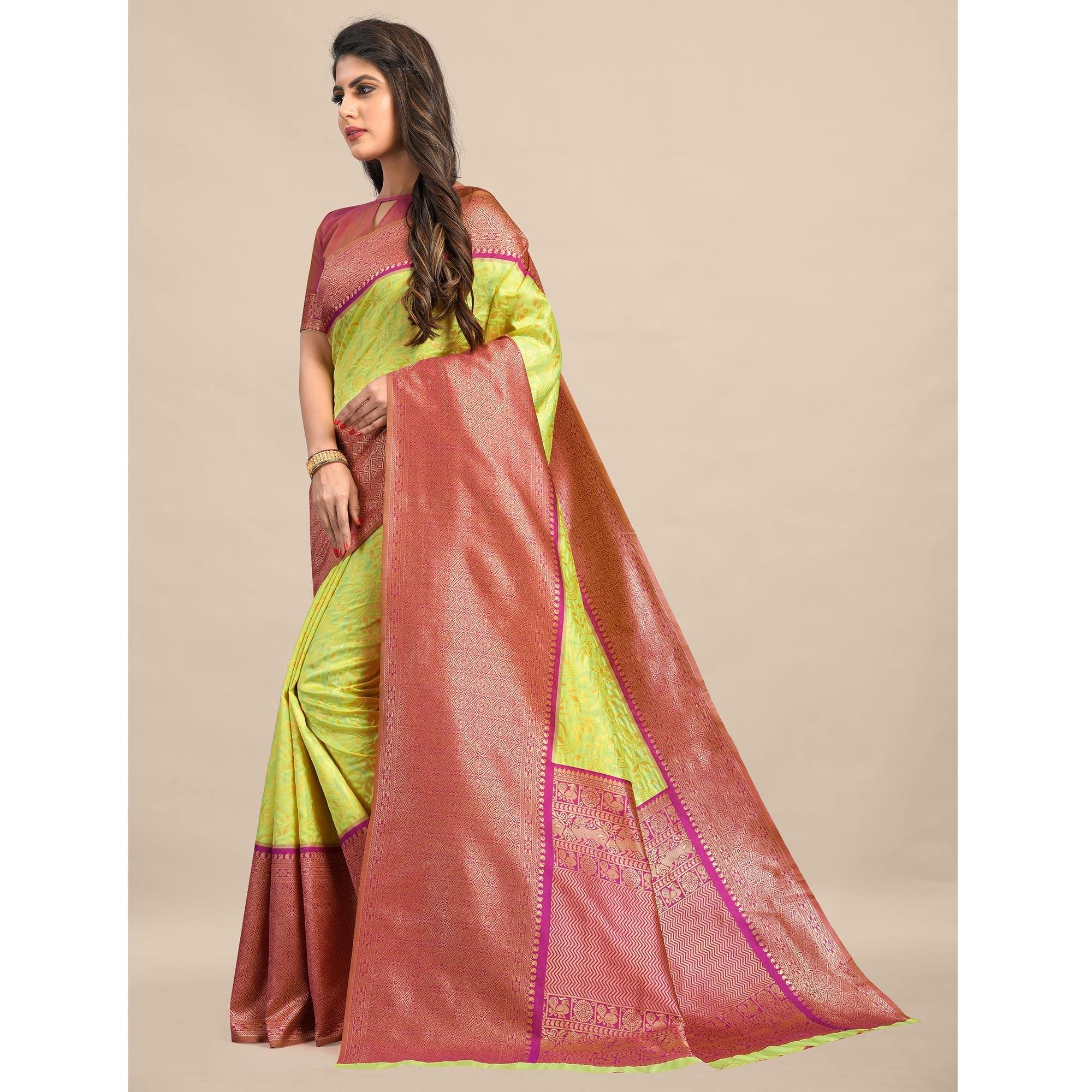 Lemon-Pink Festive Wear Rich Woven Border Soft Banarasi Silk Saree - Peachmode