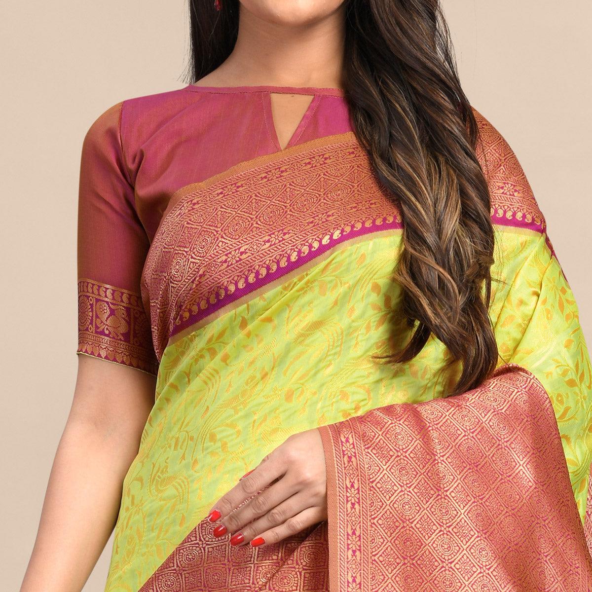 Lemon-Pink Festive Wear Rich Woven Border Soft Banarasi Silk Saree - Peachmode
