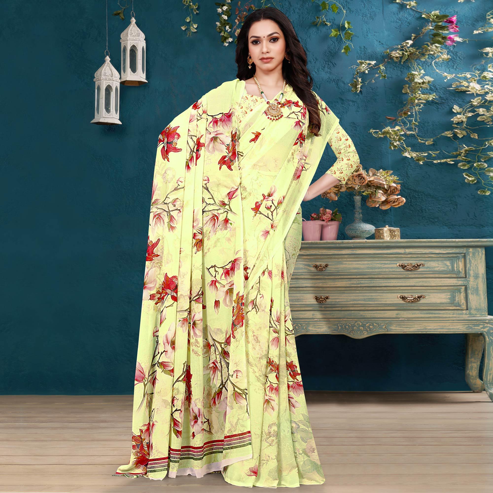 Lemon Yellow Casual Wear Digital Printed Georgette Saree - Peachmode