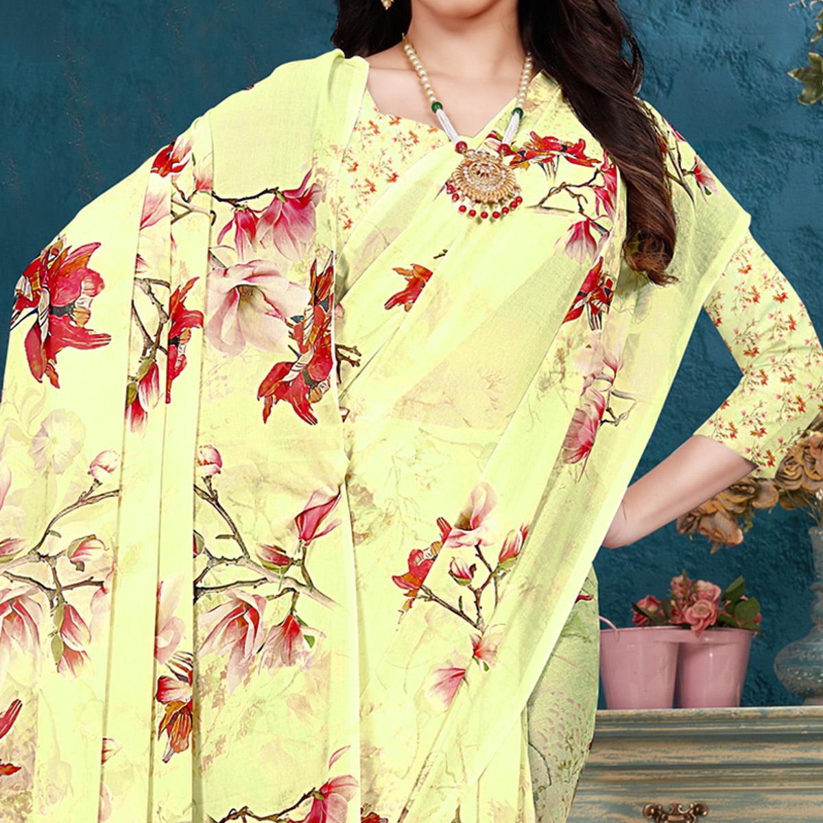 Lemon Yellow Casual Wear Digital Printed Georgette Saree - Peachmode