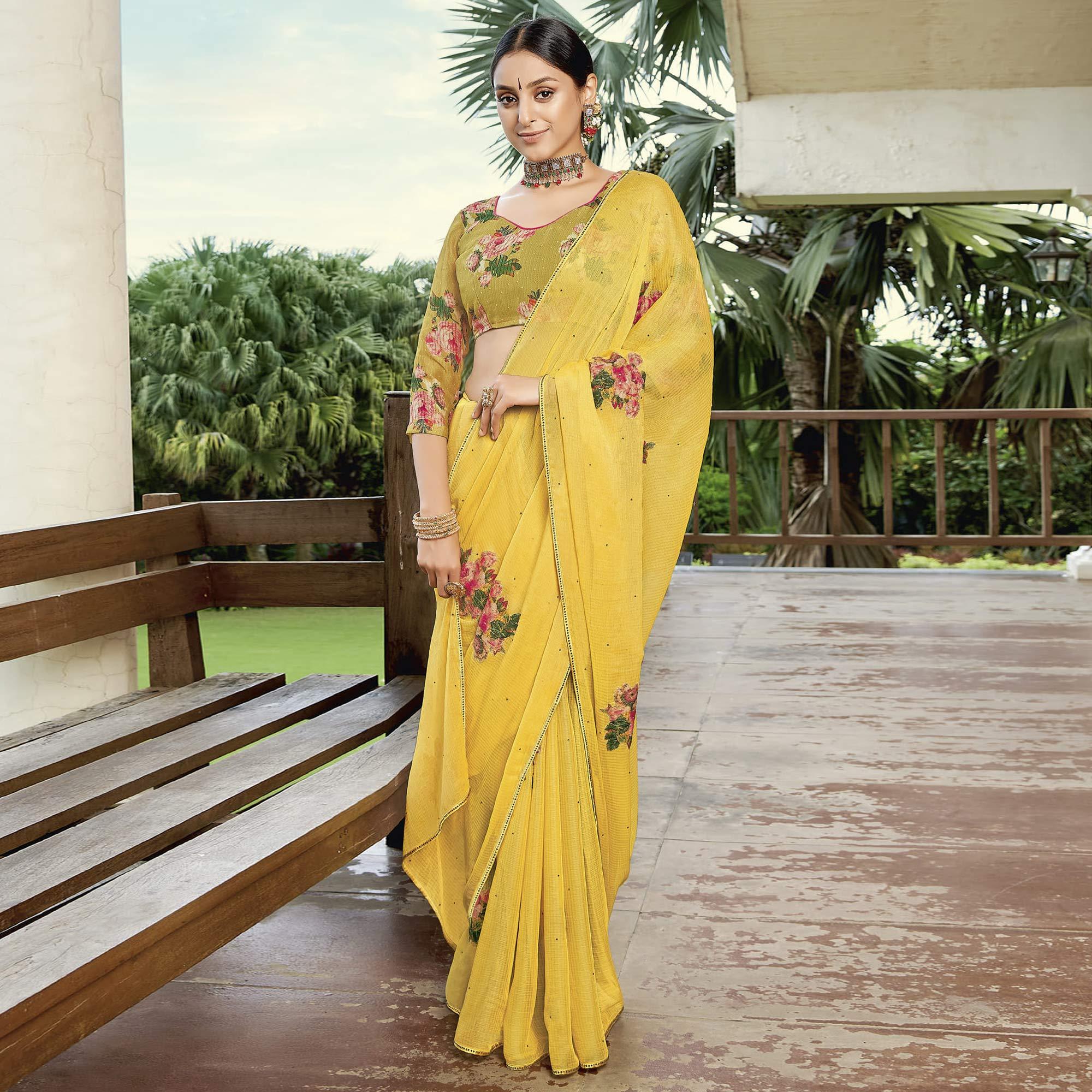 Lemon Yellow Casual Wear Floral Printed Chiffon Saree - Peachmode
