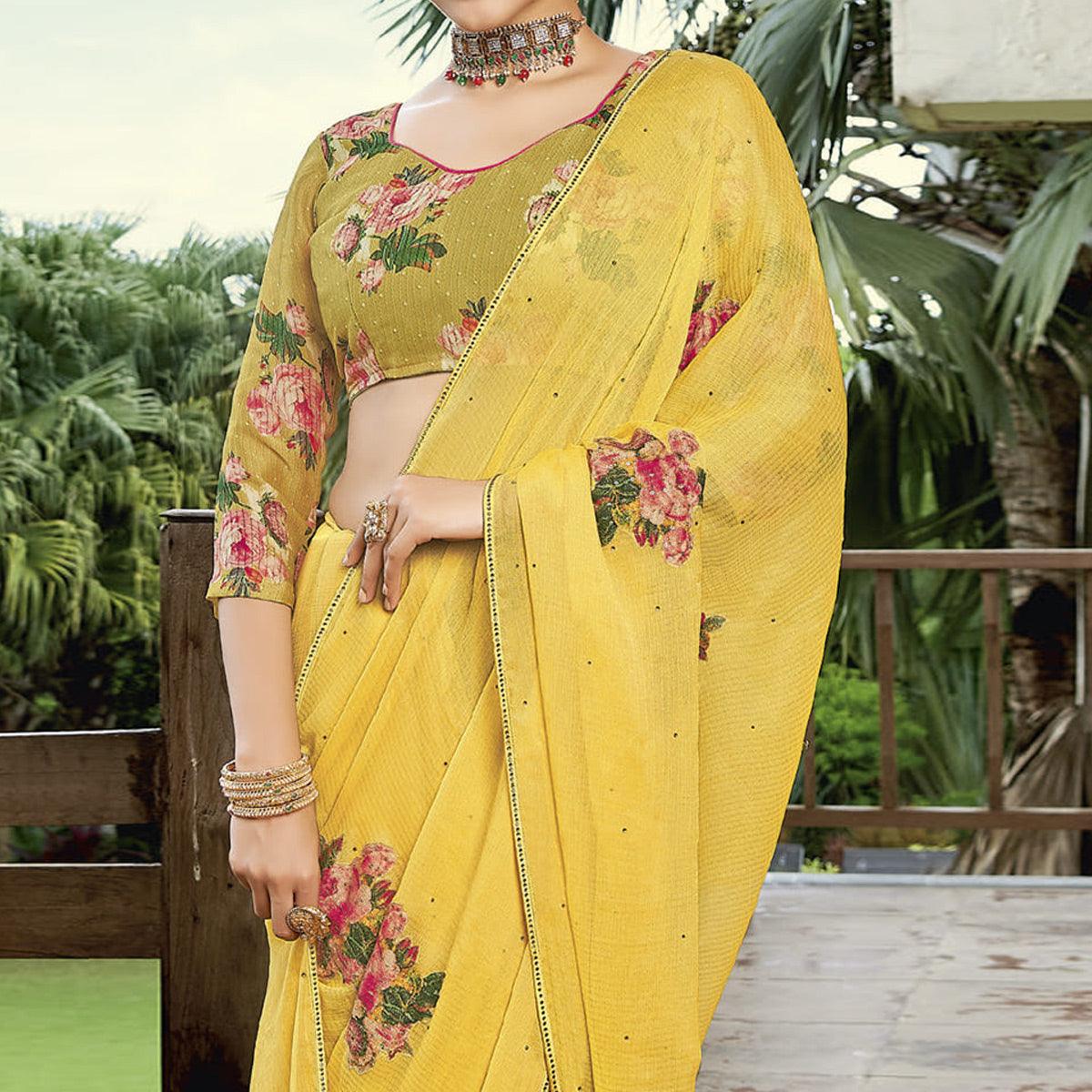Lemon Yellow Casual Wear Floral Printed Chiffon Saree - Peachmode