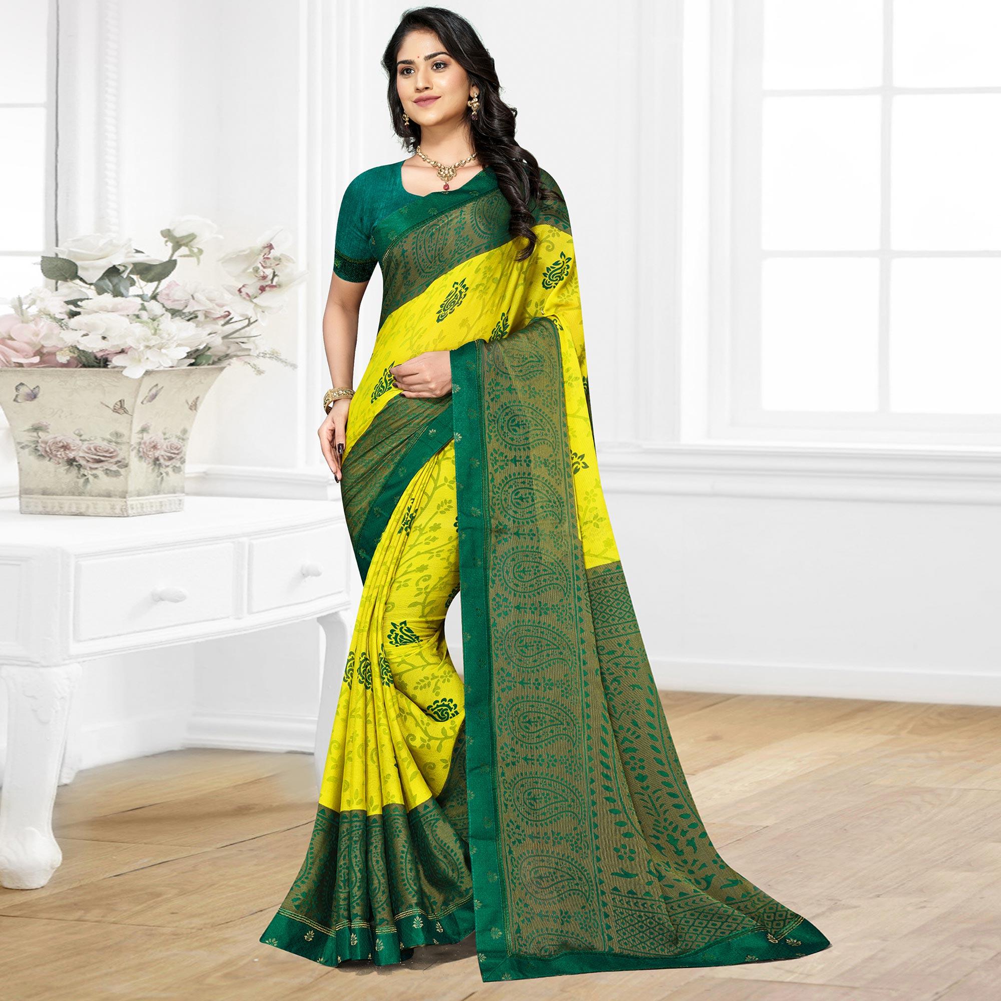 Lemon Yellow Casual Wear Printed Brasso Chiffon Saree - Peachmode