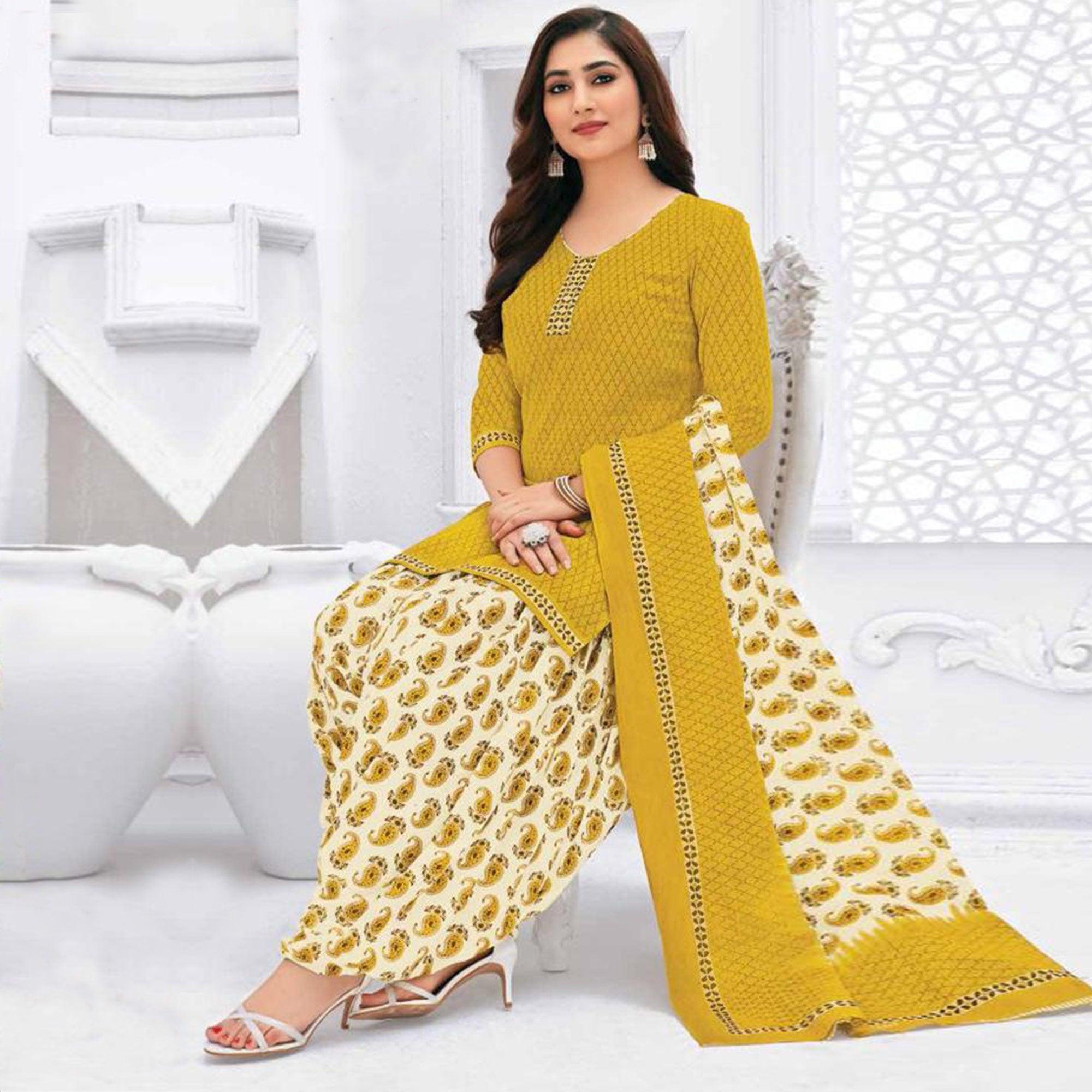 Lemon Yellow Casual Wear Printed Leon Patiala Dress Material - Peachmode