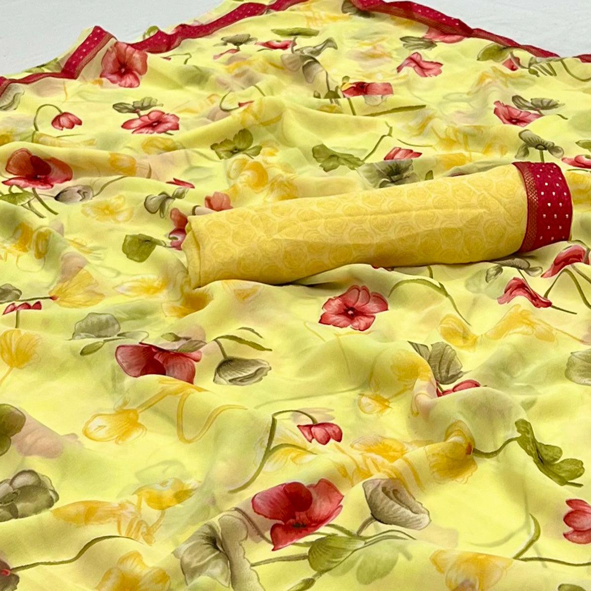 Lemon Yellow Digital Printed Georgette Saree - Peachmode
