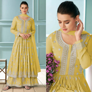 Lemon Yellow Embroidered With Embellished Rayon Kurti Palazzo Suit - Peachmode