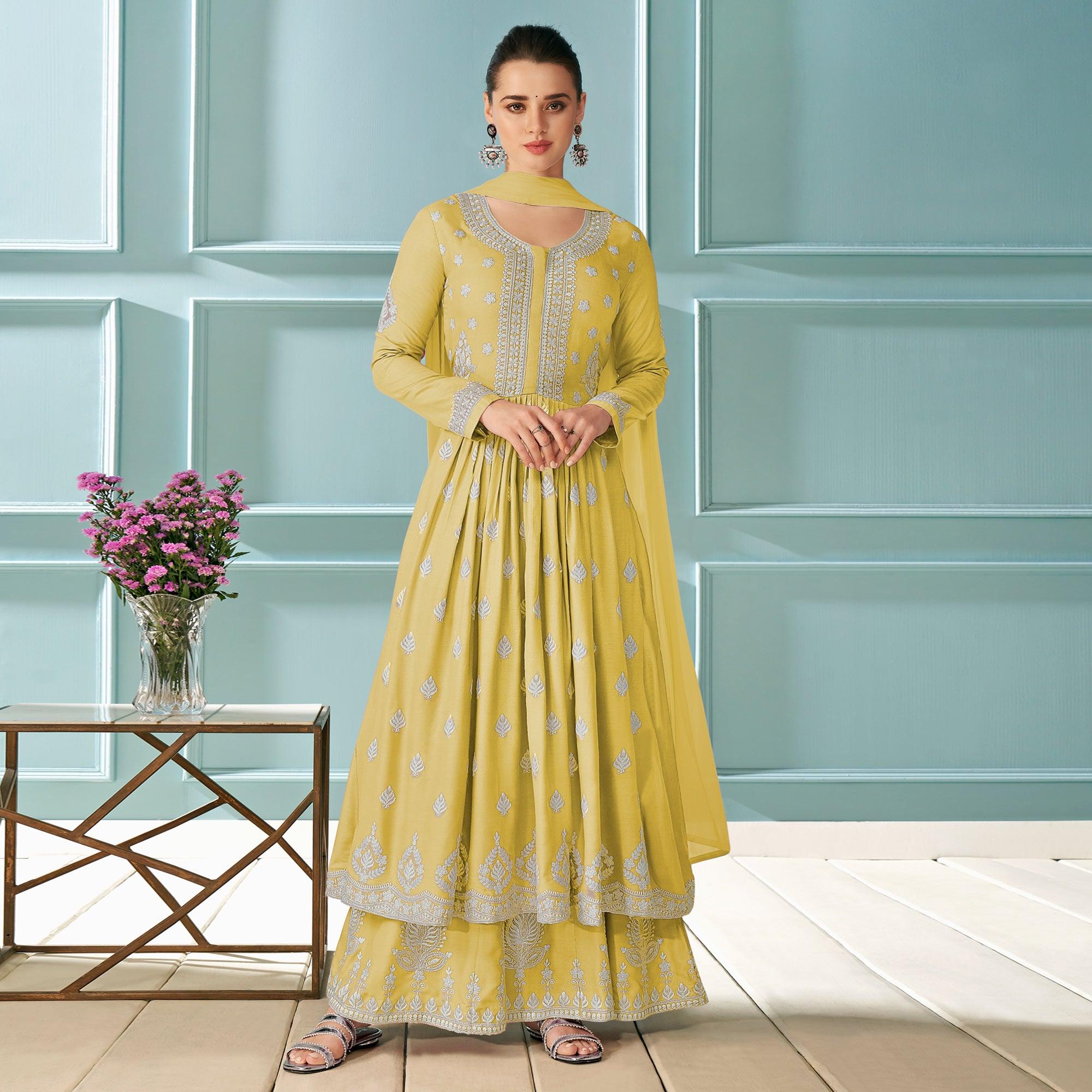 Lemon Yellow Embroidered With Embellished Rayon Kurti Palazzo Suit - Peachmode