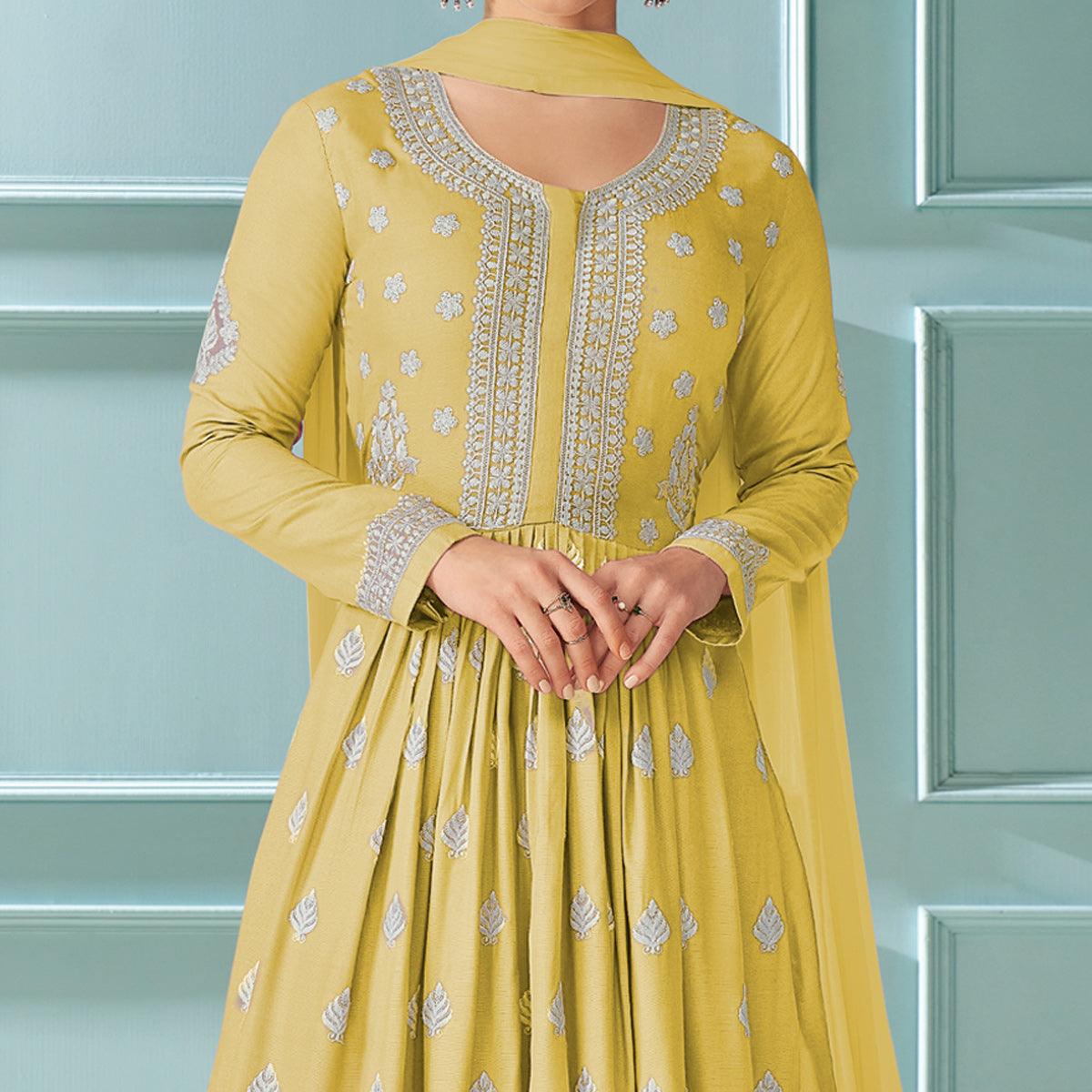 Lemon Yellow Embroidered With Embellished Rayon Kurti Palazzo Suit - Peachmode