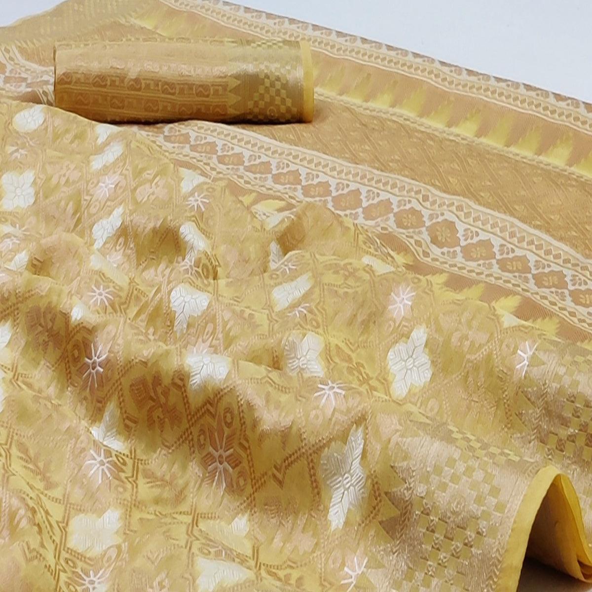 Lemon Yellow Festive Wear Woven Art Silk Saree - Peachmode