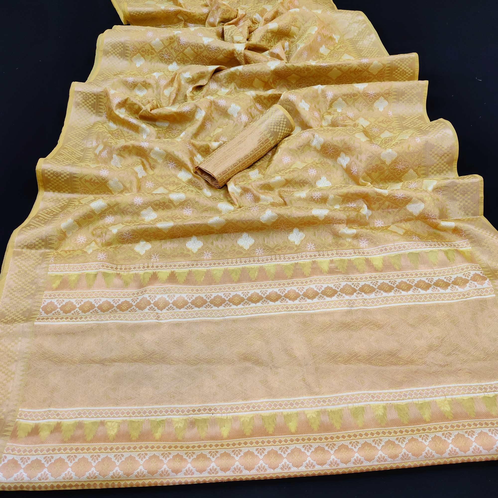Lemon Yellow Festive Wear Woven Art Silk Saree - Peachmode