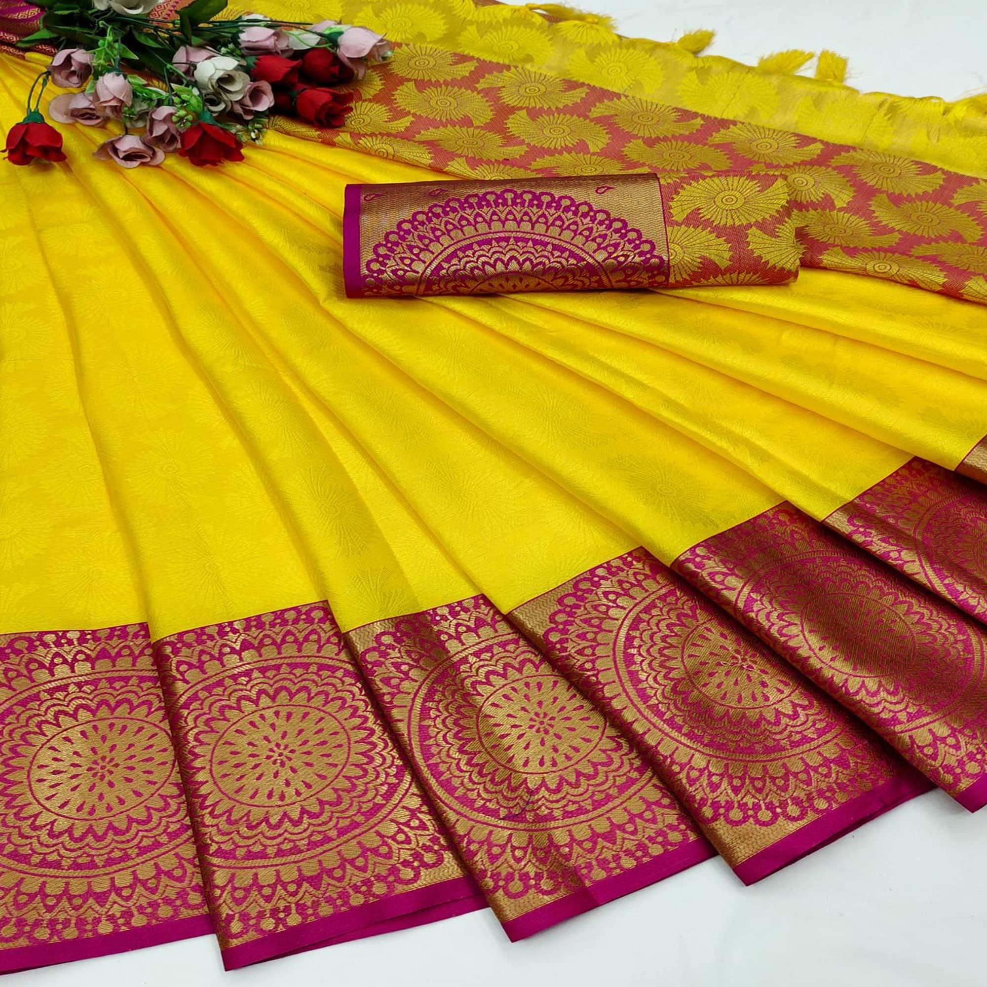 Lemon-Yellow Festive Wear Woven Desginer Cotton Silk Saree - Peachmode