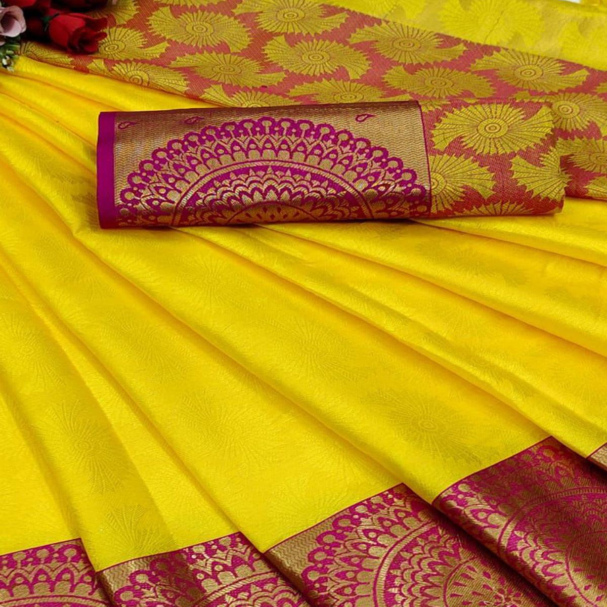 Lemon-Yellow Festive Wear Woven Desginer Cotton Silk Saree - Peachmode
