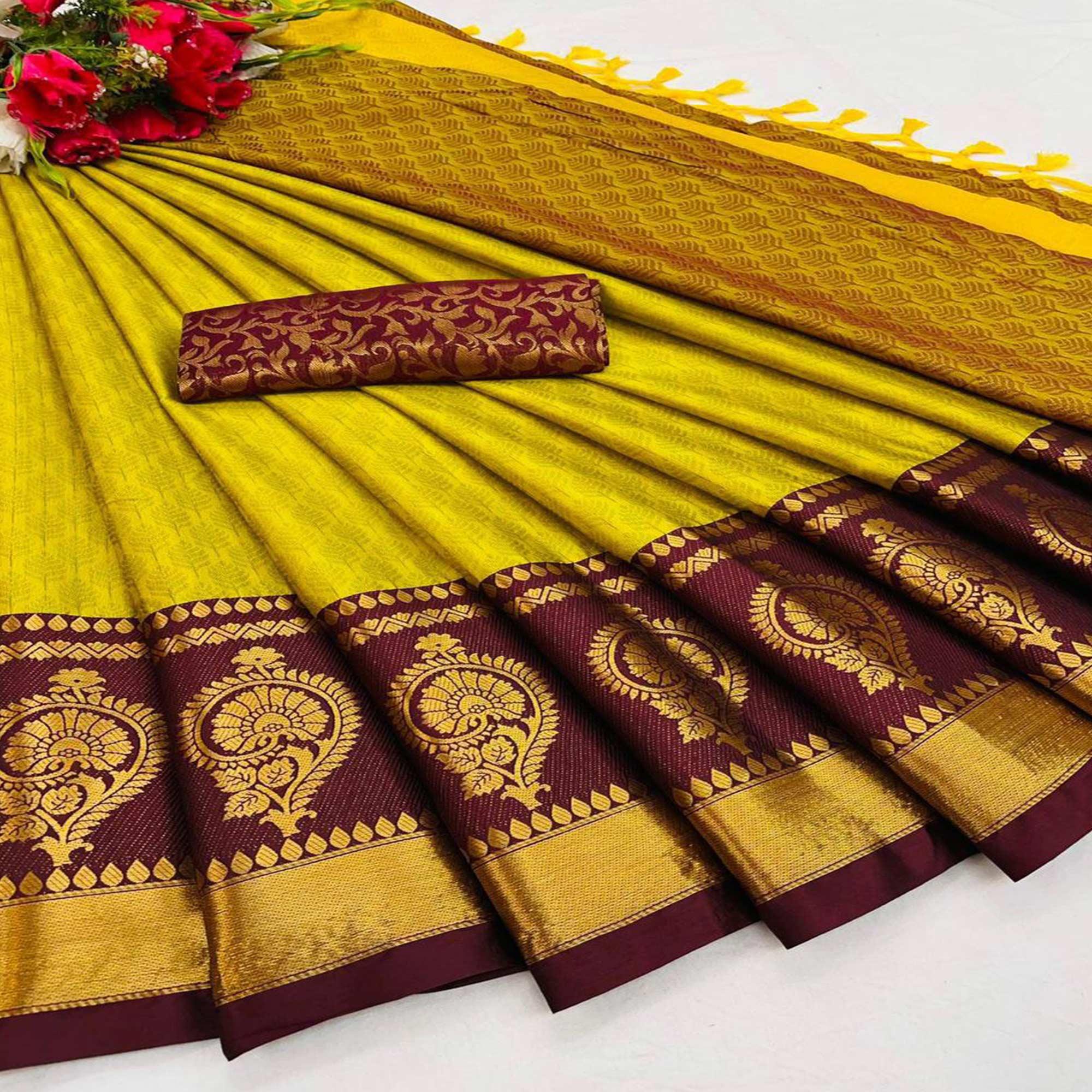 Lemon Yellow Festive Wear Woven Heavy Rich Cotton Silk Saree - Peachmode