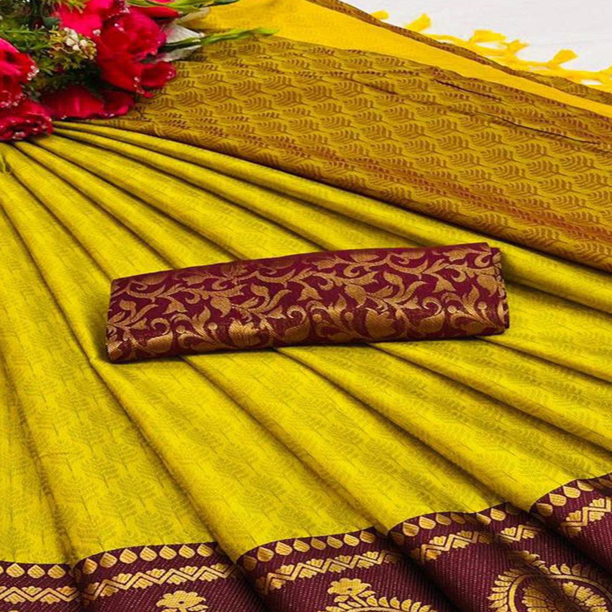 Lemon Yellow Festive Wear Woven Heavy Rich Cotton Silk Saree - Peachmode