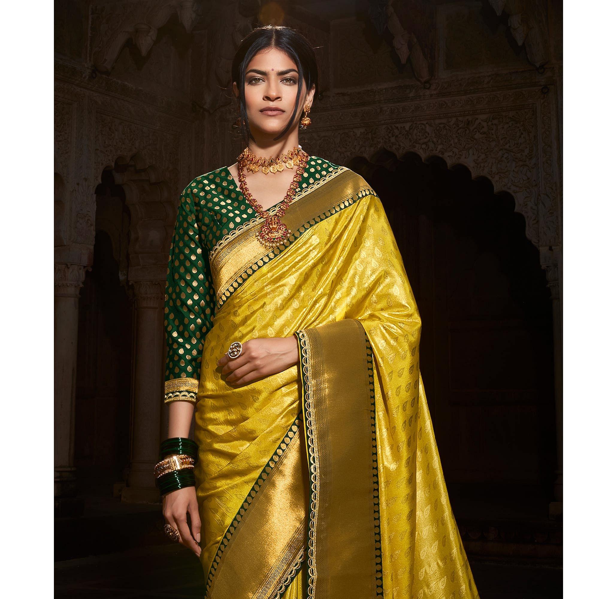 Lemon Yellow Festive Wear Woven Silk Saree - Peachmode
