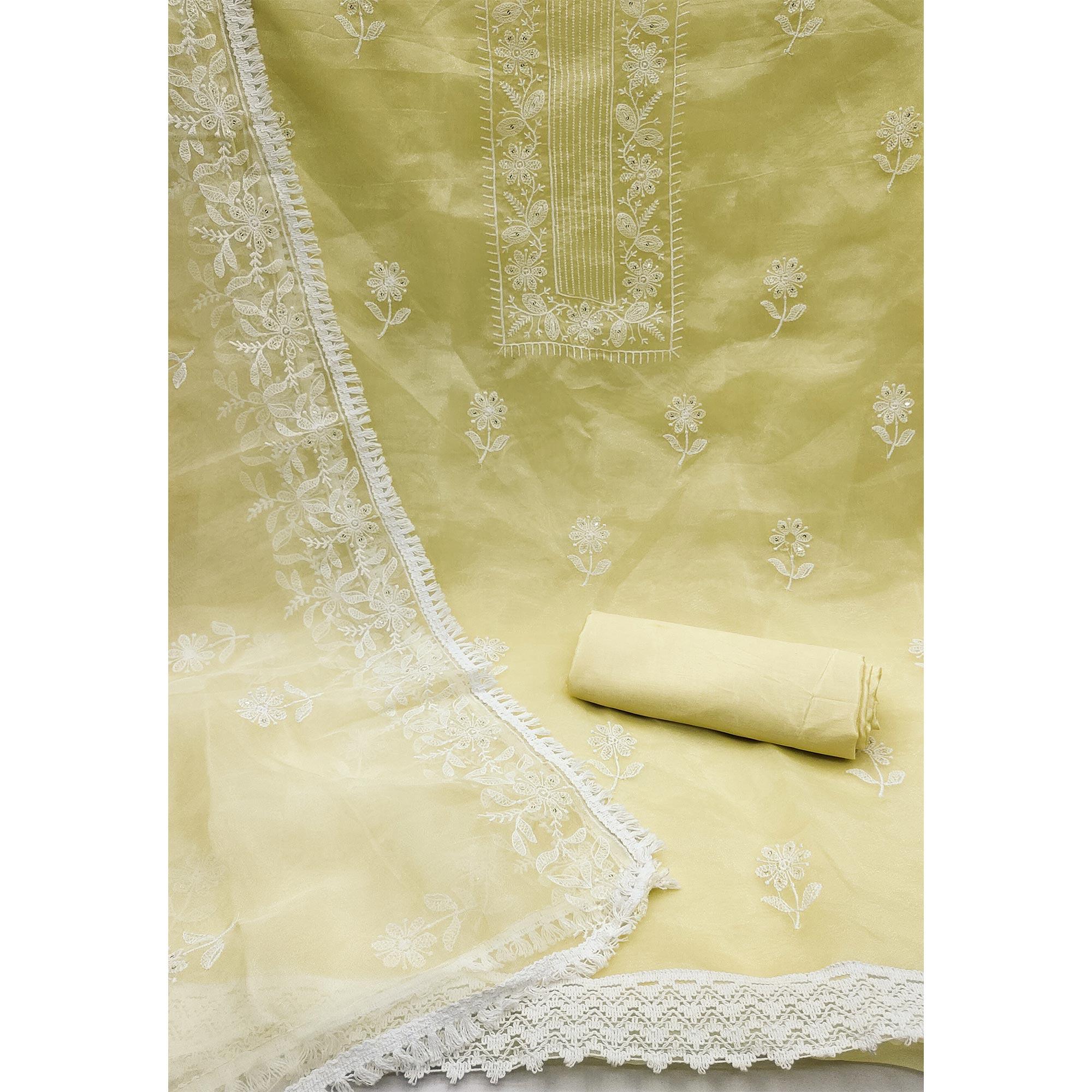 Lemon Yellow Floral Embroidered Organza Dress Material - Peachmode