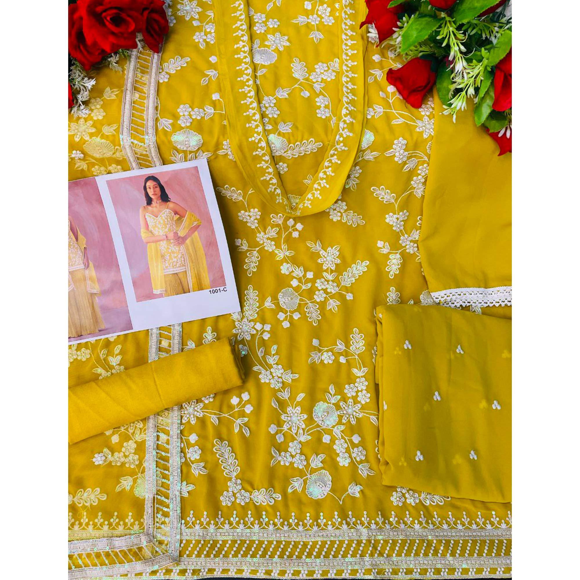 Lemon Yellow Floral Sequence Embroidered Georgette Sharara Suit - Peachmode