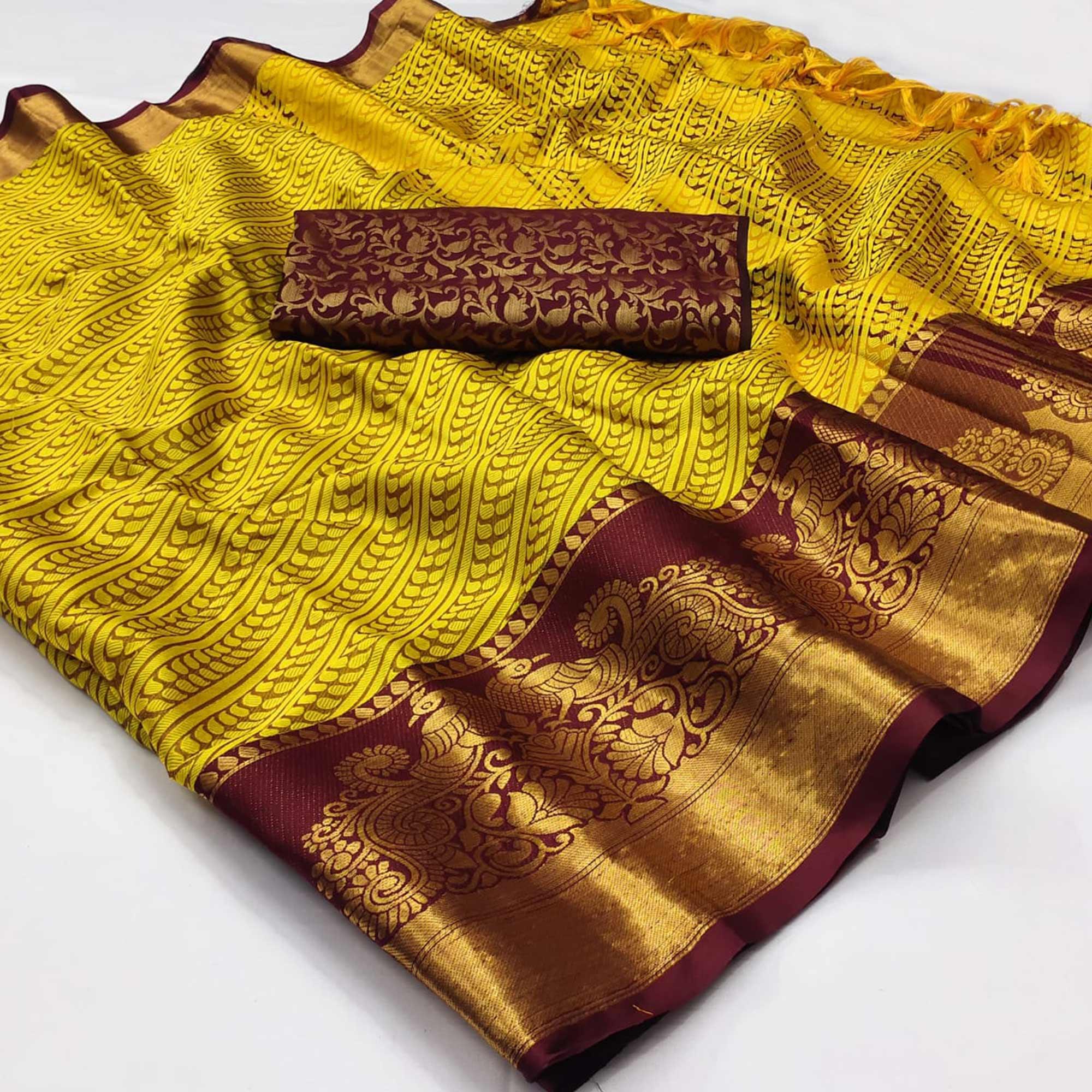 Lemon-Yellow Kalamkari Woven Cotton Silk Saree - Peachmode