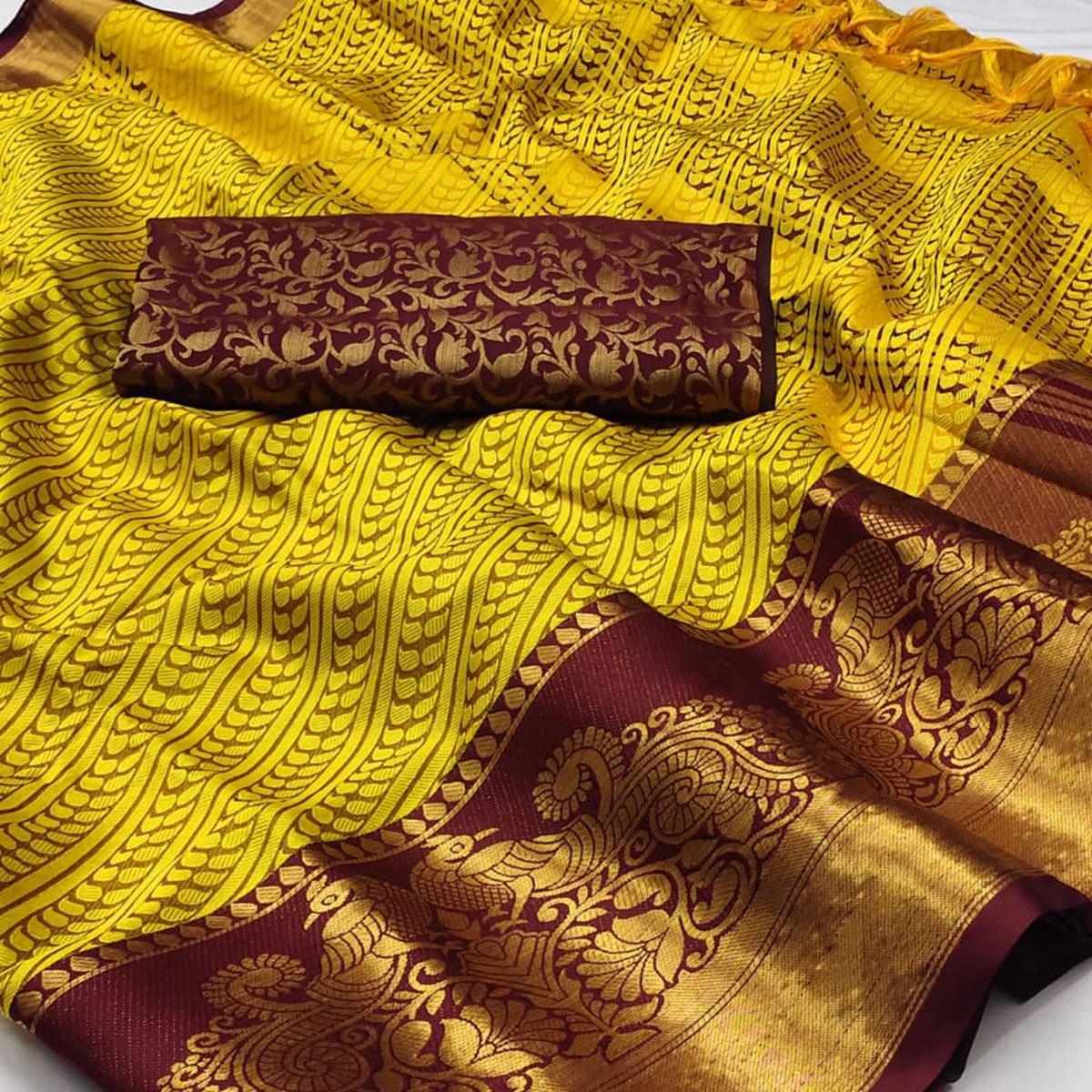 Lemon-Yellow Kalamkari Woven Cotton Silk Saree - Peachmode