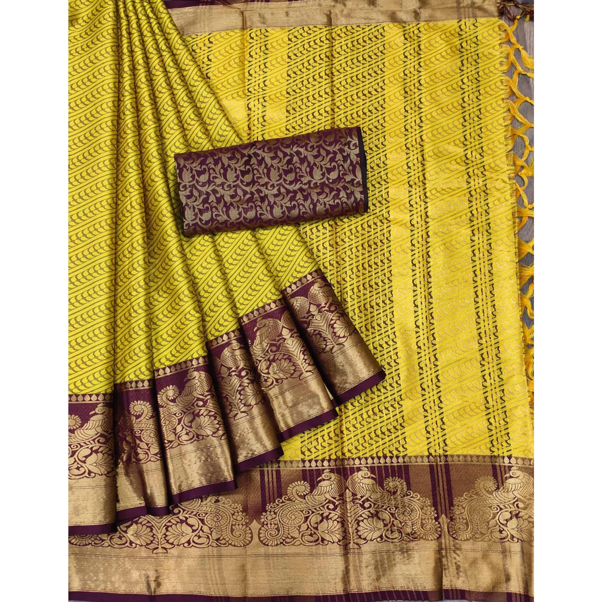 Lemon-Yellow Kalamkari Woven Cotton Silk Saree - Peachmode