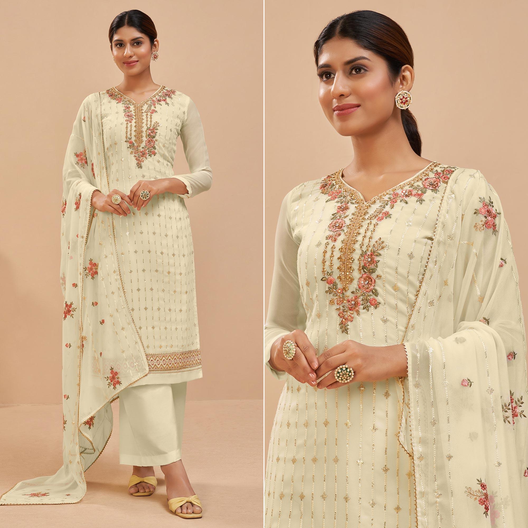 Lemon Yellow Party Wear Embroidered Georgette Suit - Peachmode
