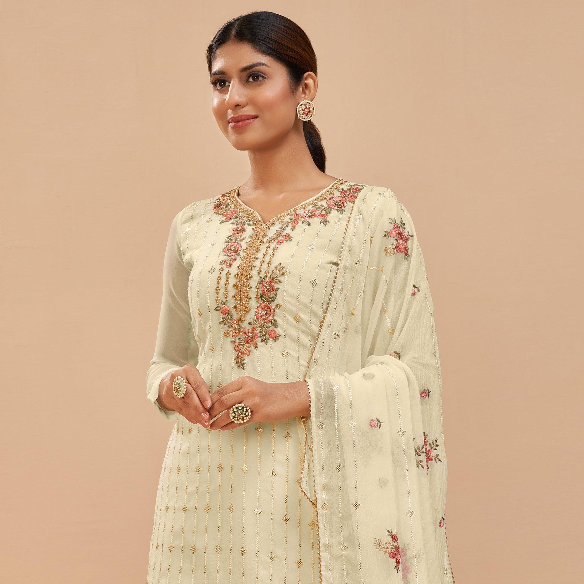 Lemon Yellow Party Wear Embroidered Georgette Suit - Peachmode