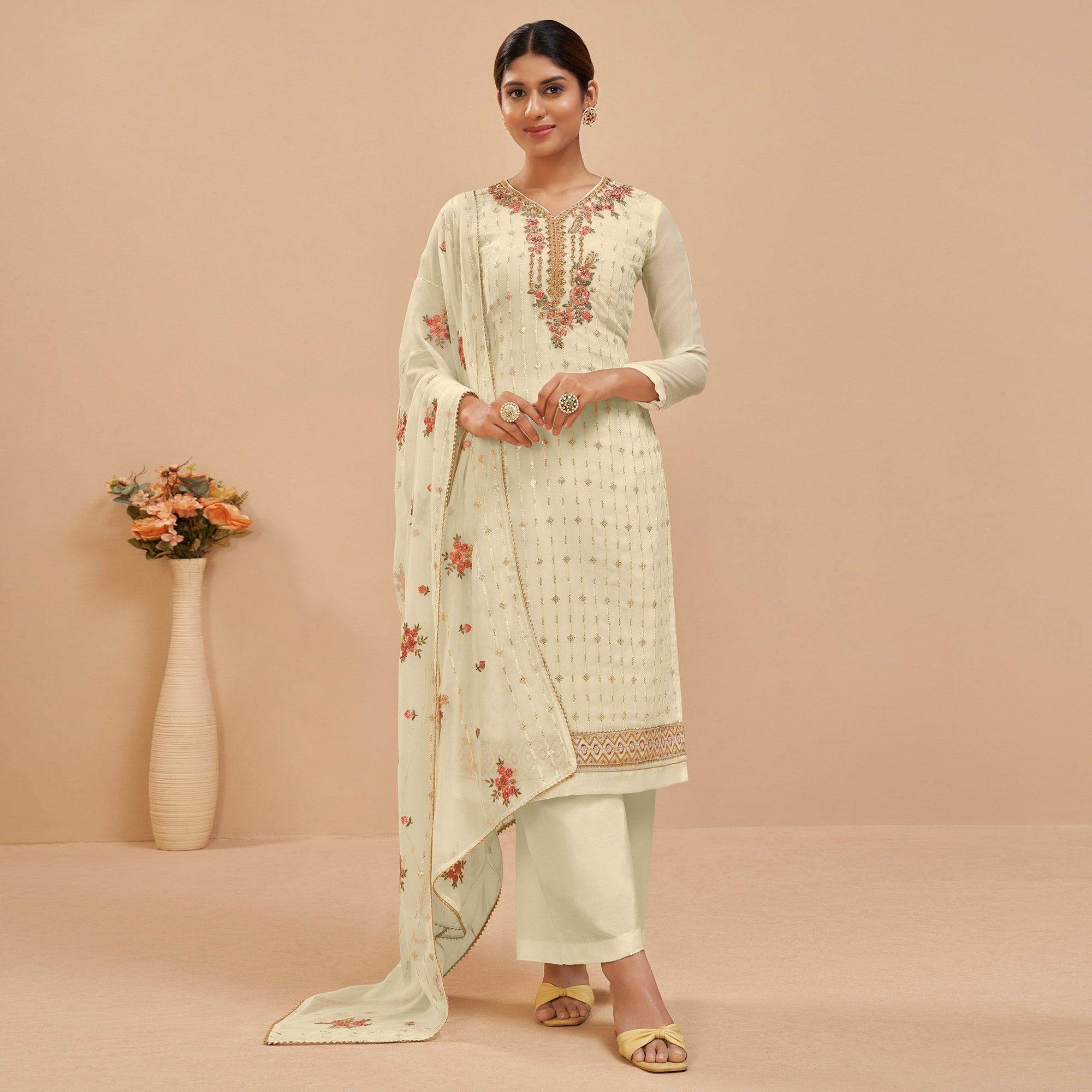 Lemon Yellow Party Wear Embroidered Georgette Suit - Peachmode