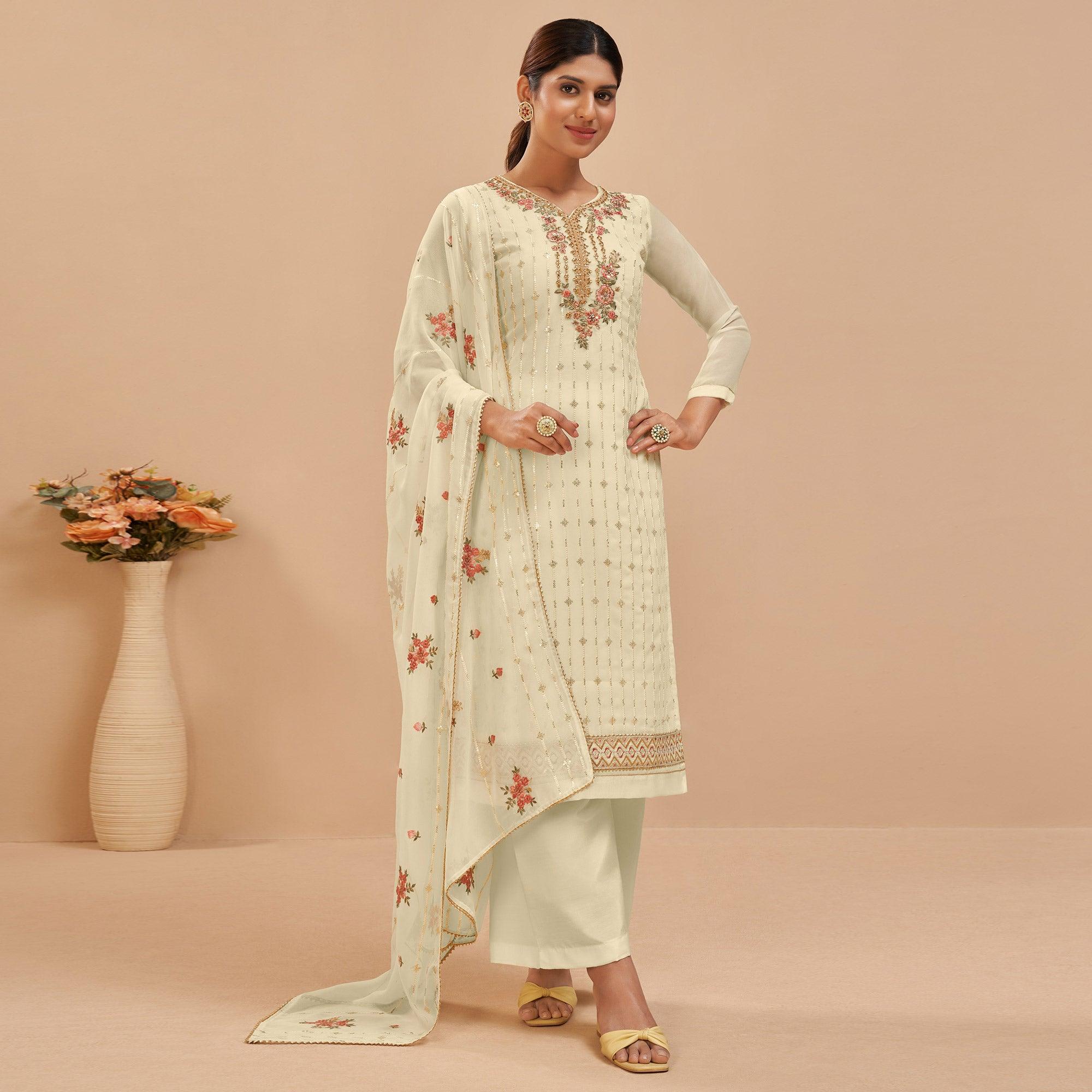 Lemon Yellow Party Wear Embroidered Georgette Suit - Peachmode