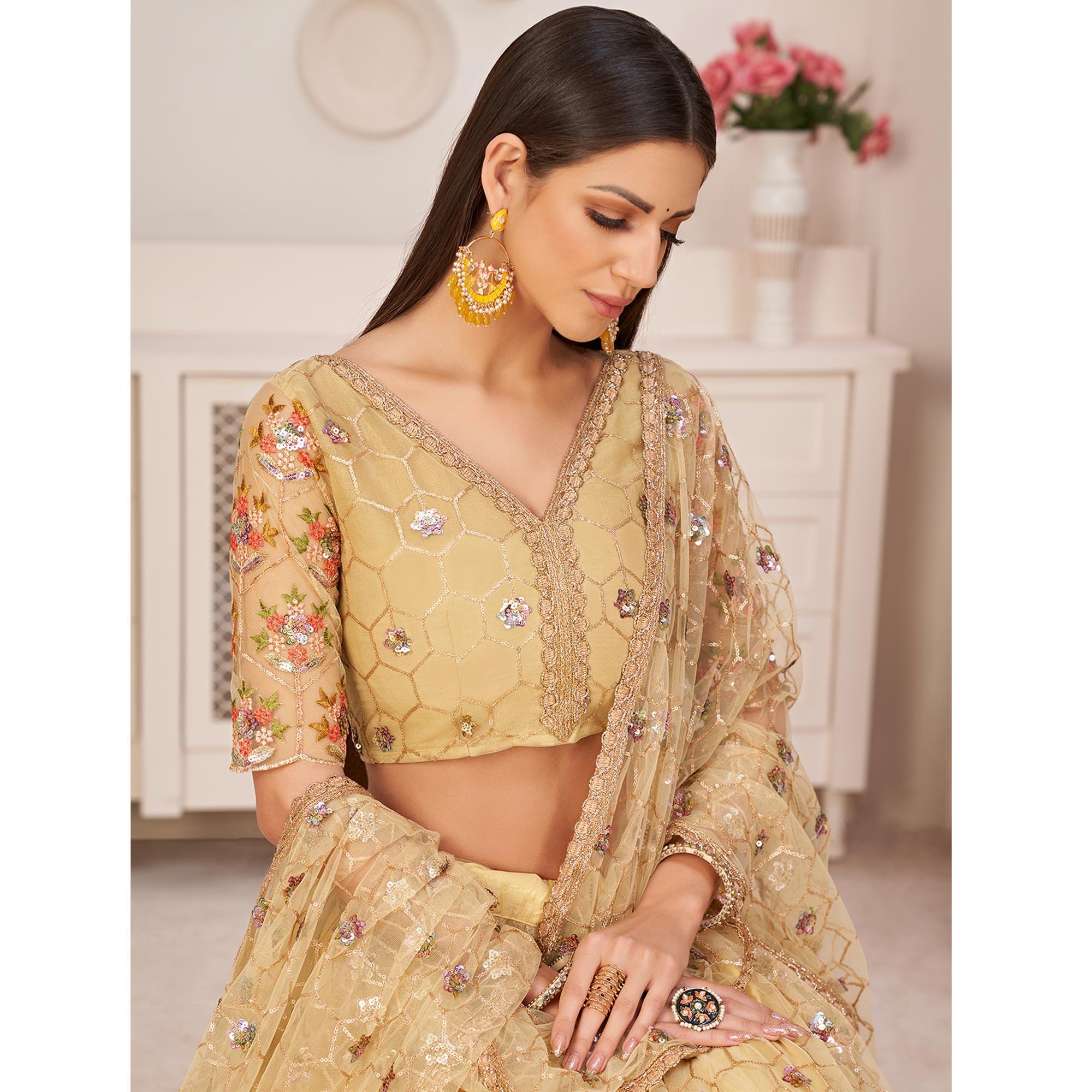 Lemon Yellow Party Wear Embroidered Netted Lehenga Choli - Peachmode