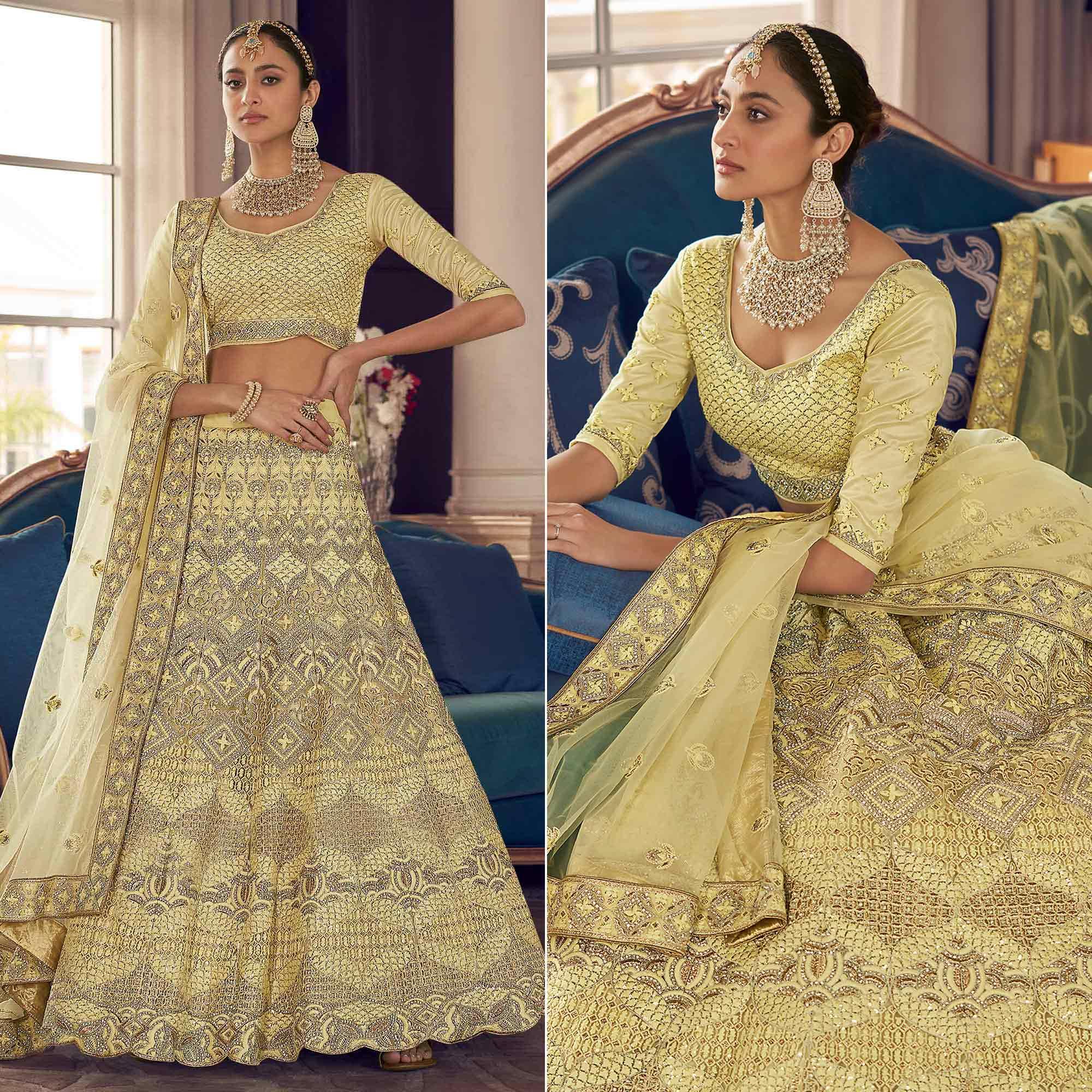 Lemon Yellow Partywear Embroidered Organza Lehenga Choli - Peachmode