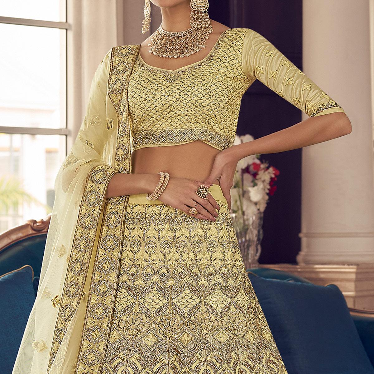 Lemon Yellow Partywear Embroidered Organza Lehenga Choli - Peachmode