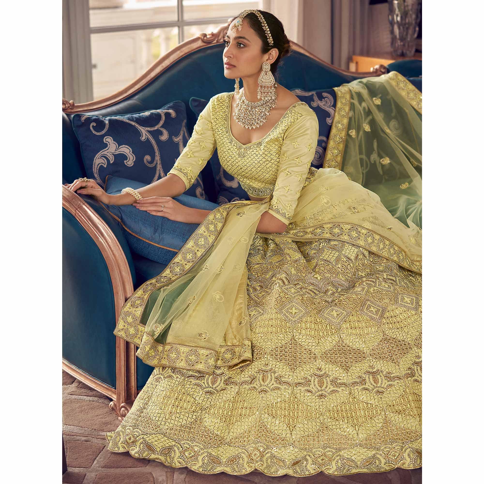 Lemon Yellow Partywear Embroidered Organza Lehenga Choli - Peachmode