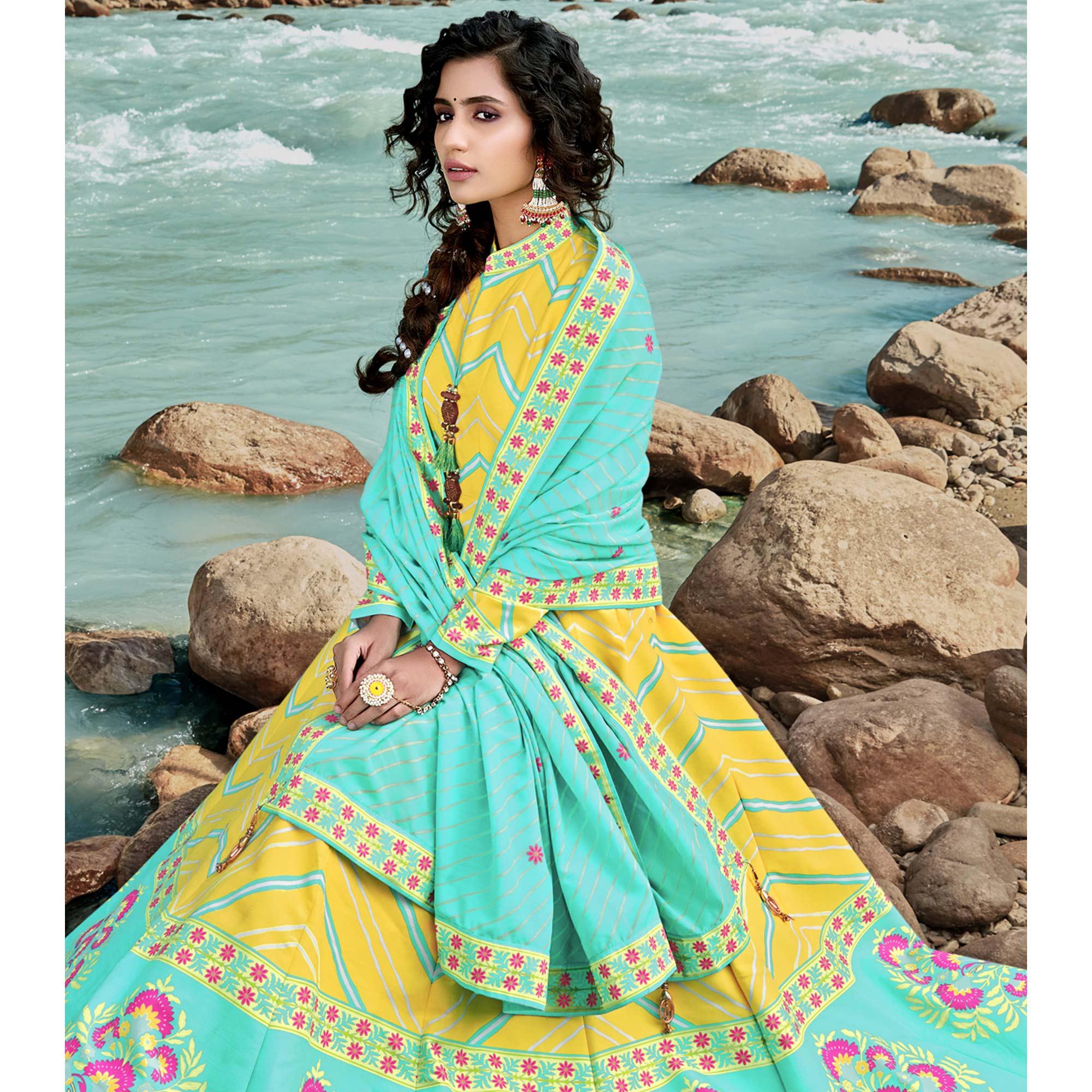 Lemon Yellow Partywear Patola Digital Printed Killer Silk Anarkali Suit - Peachmode