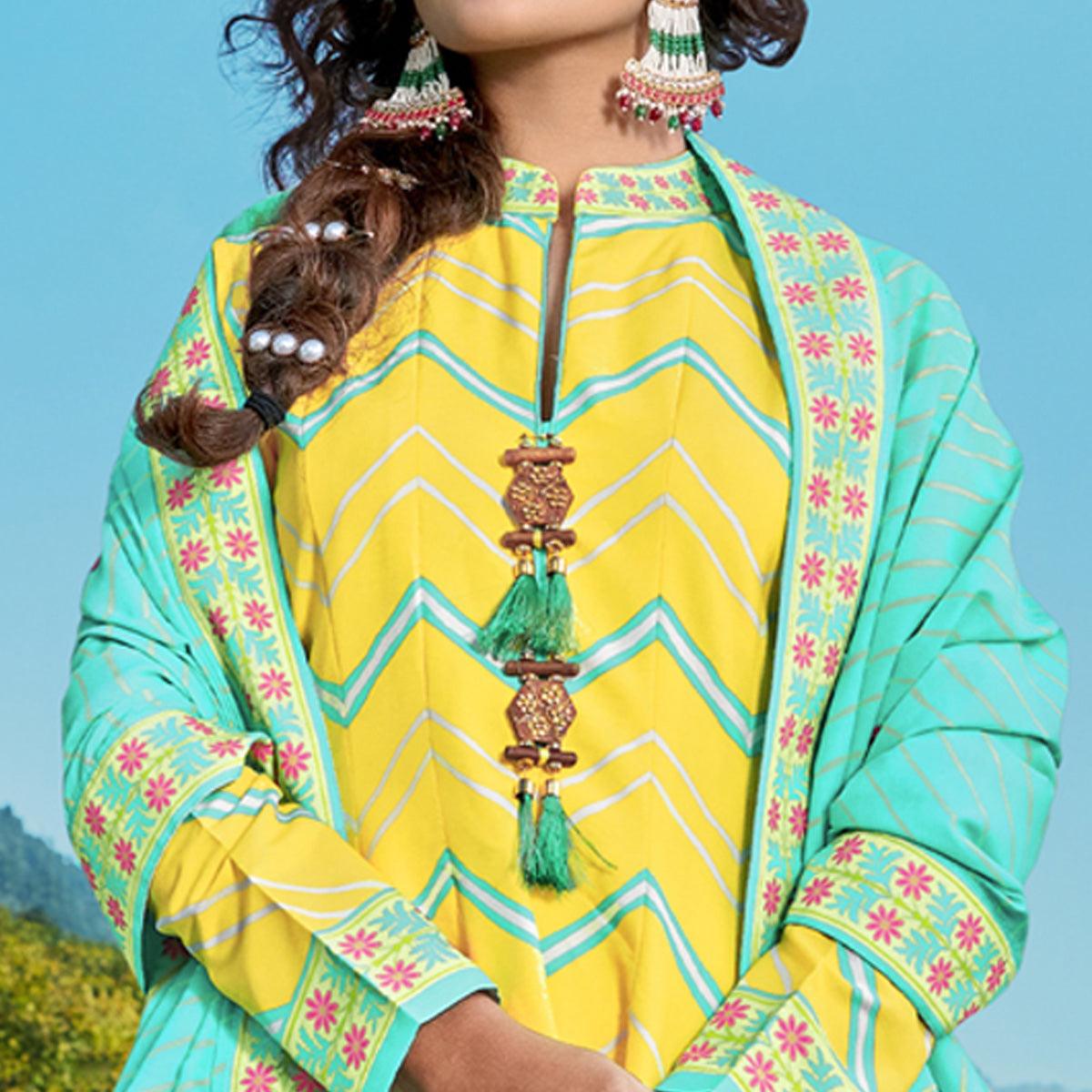 Lemon Yellow Partywear Patola Digital Printed Killer Silk Anarkali Suit - Peachmode