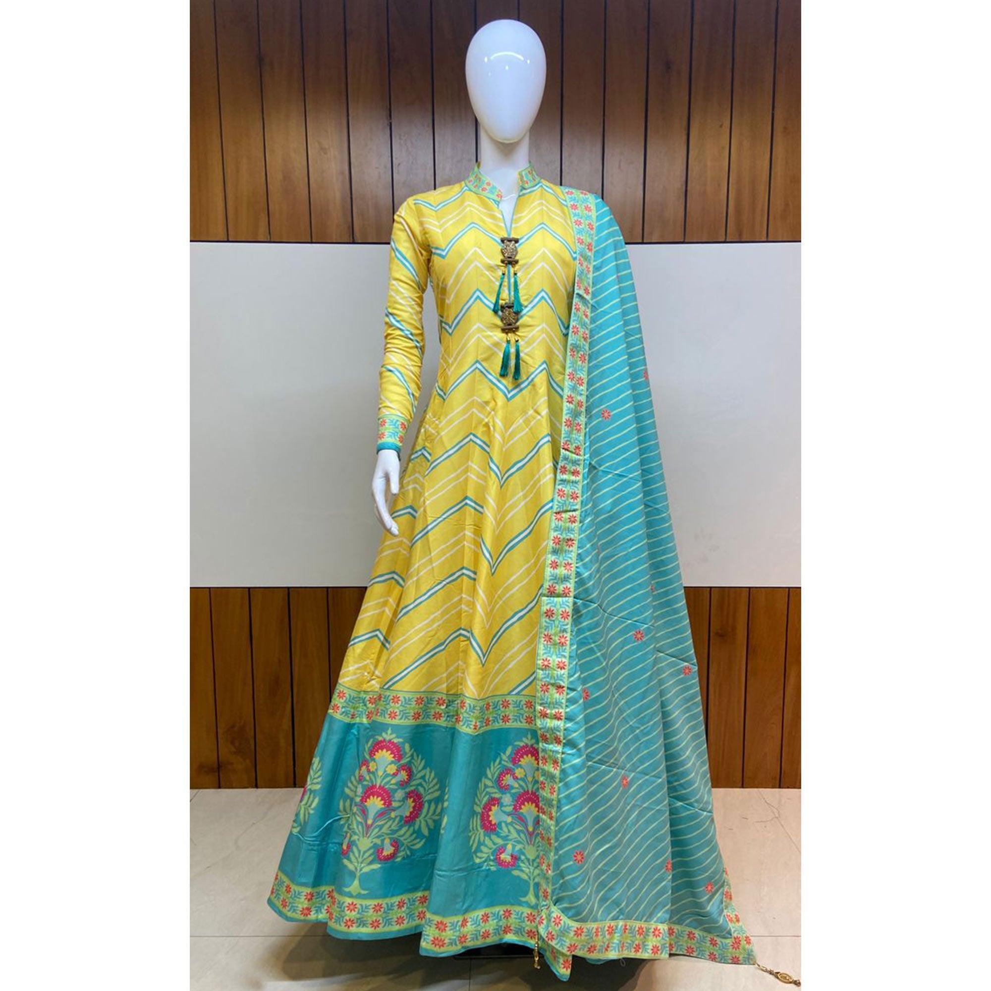 Lemon Yellow Partywear Patola Digital Printed Killer Silk Anarkali Suit - Peachmode