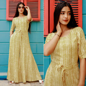 Lemon Yellow Printed Rayon Jumpsuit - Peachmode