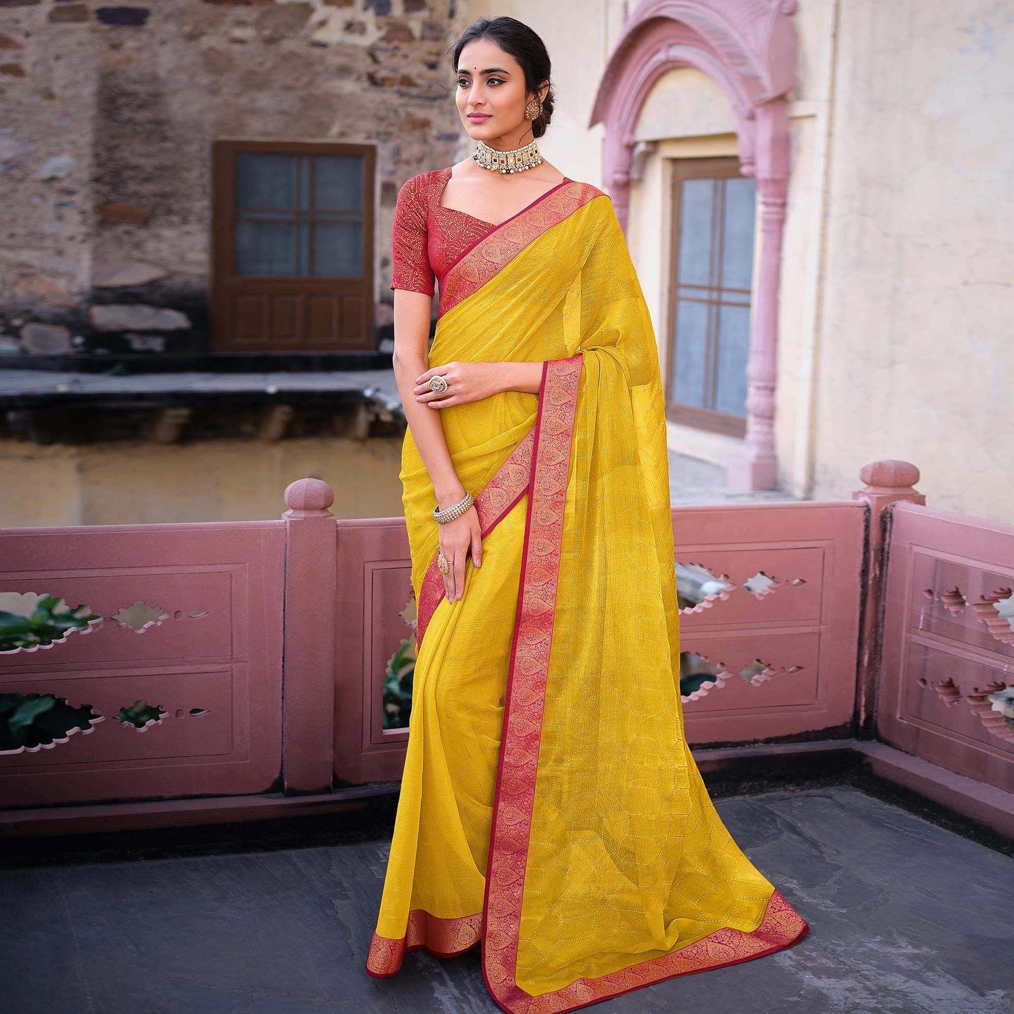 Lemon Yellow Woven Chiffon Saree - Peachmode