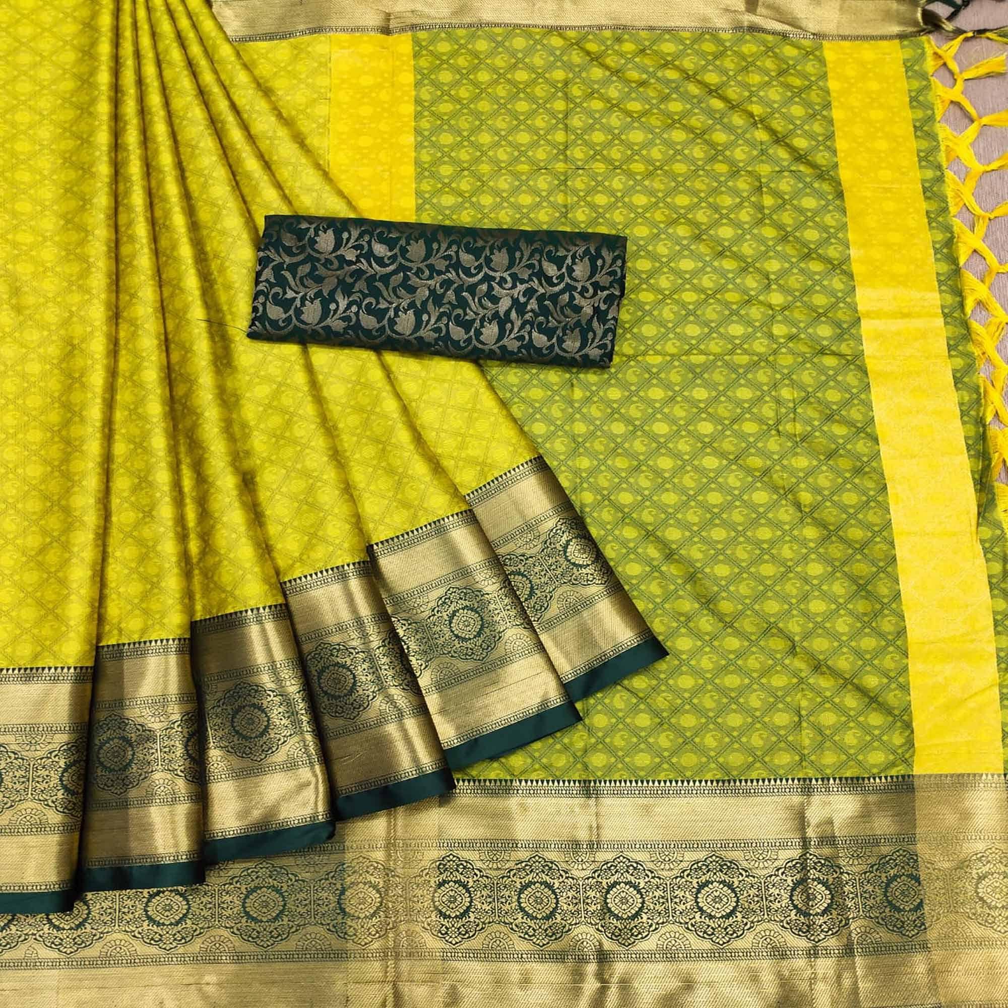 Lemon Yellow Woven Cotton Silk Saree - Peachmode